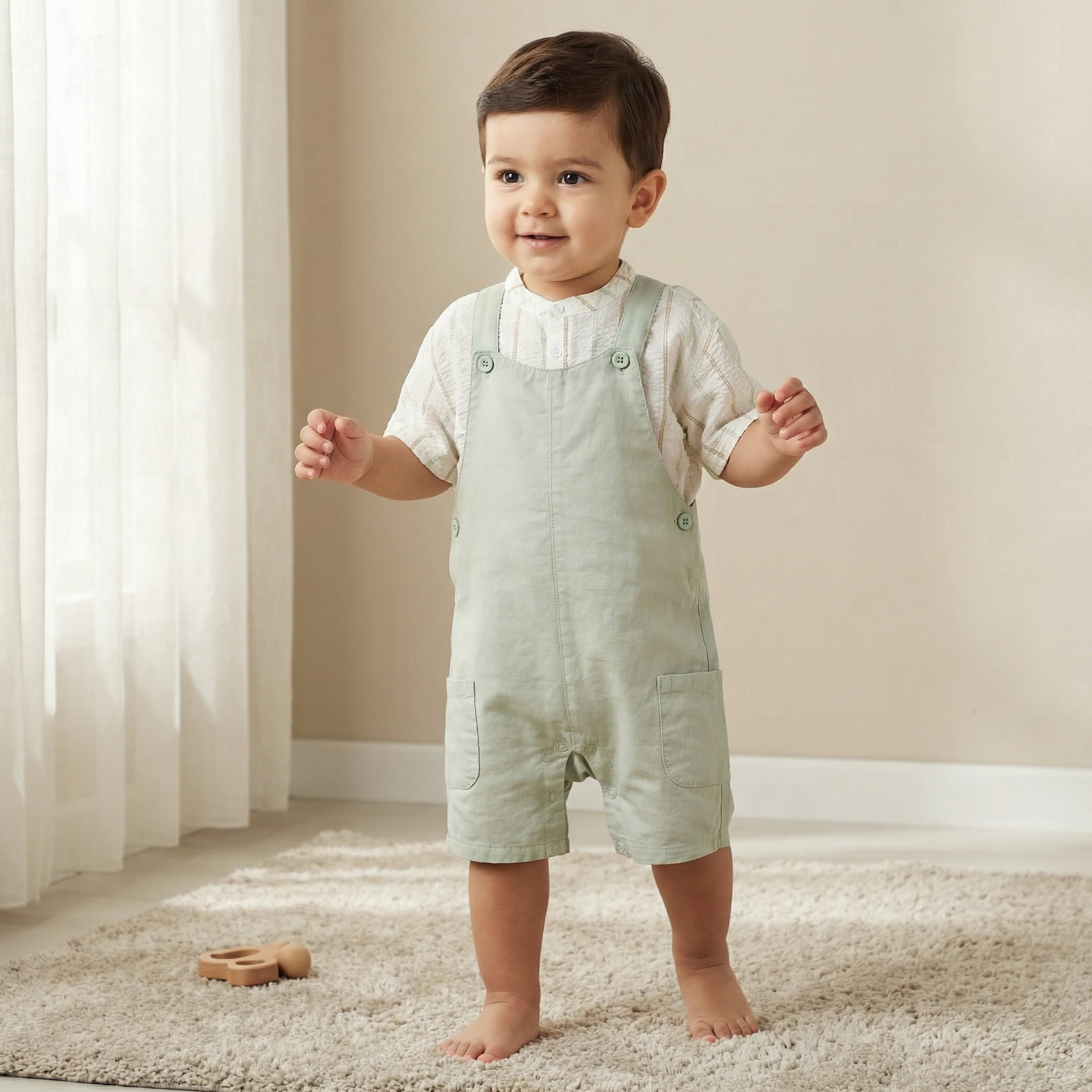 Juniors Mandarin Collar Short Sleeve Shirt and Dungaree Set with Pockets-baby-boys-clothing-setsandcoords-image-1