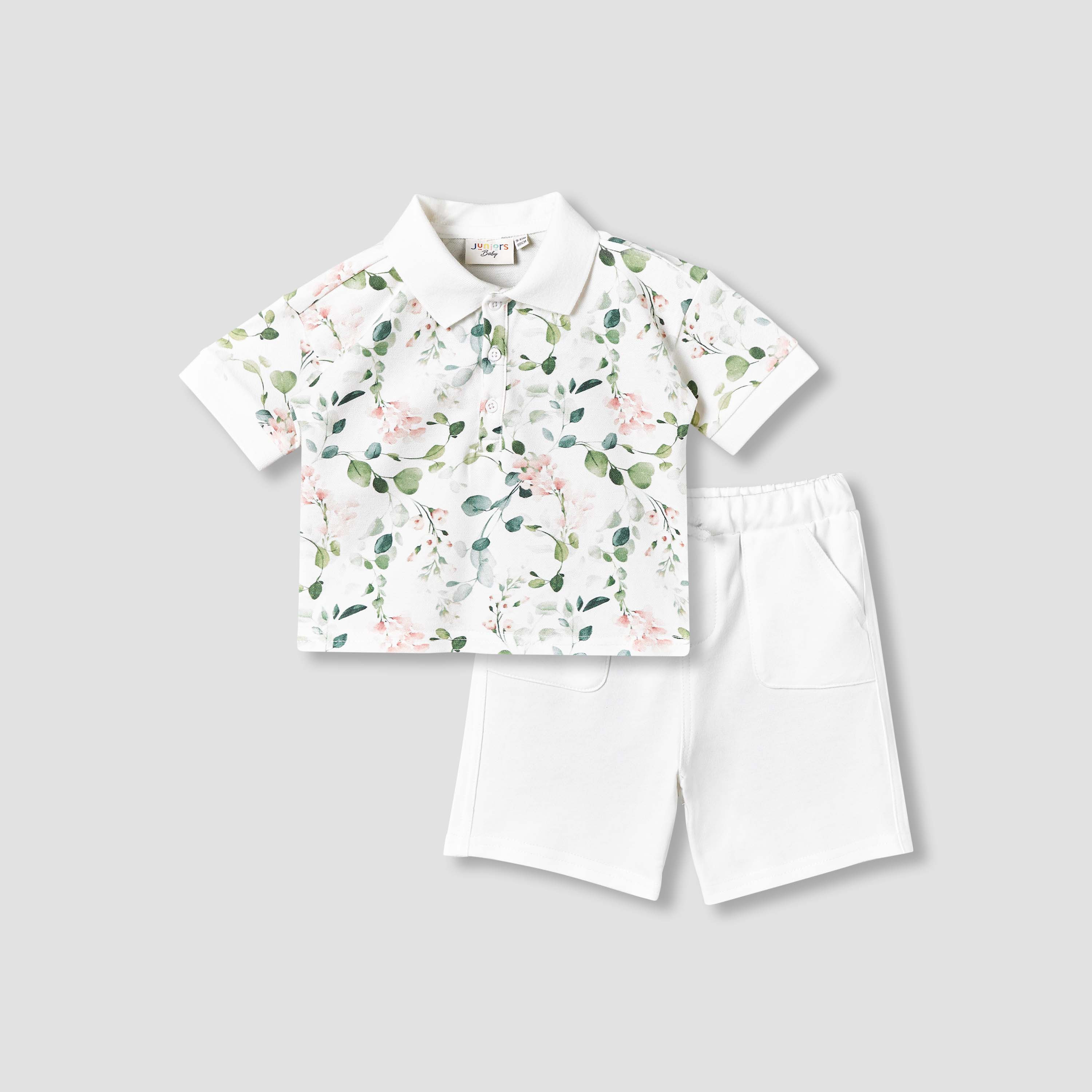 Juniors Collared Short Sleeves Polo T-shirt and Shorts Set with Floral Print-baby-boys-clothing-setsandcoords-image-2