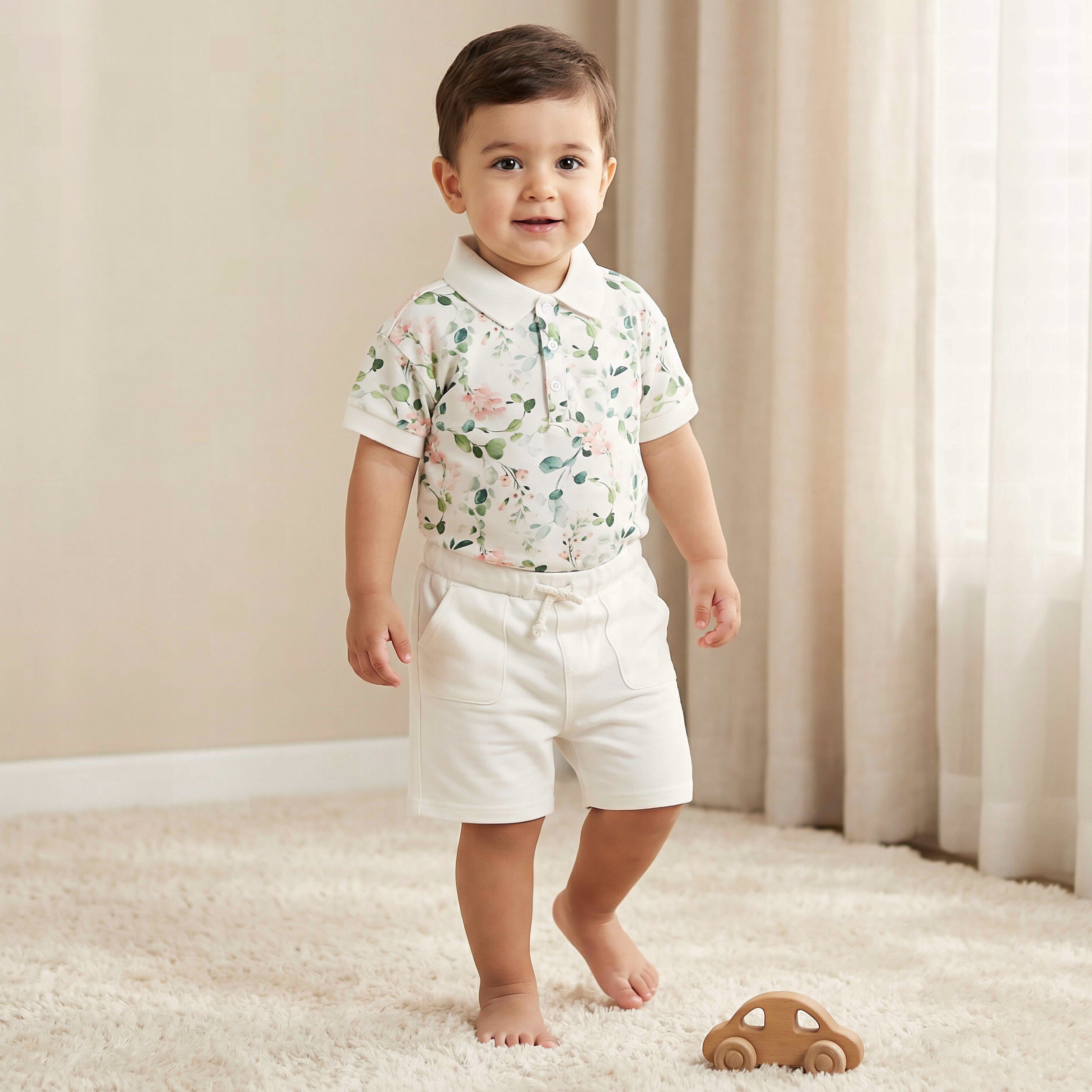 Juniors Collared Short Sleeves Polo T-shirt and Shorts Set with Floral Print-baby-boys-clothing-setsandcoords-image-1