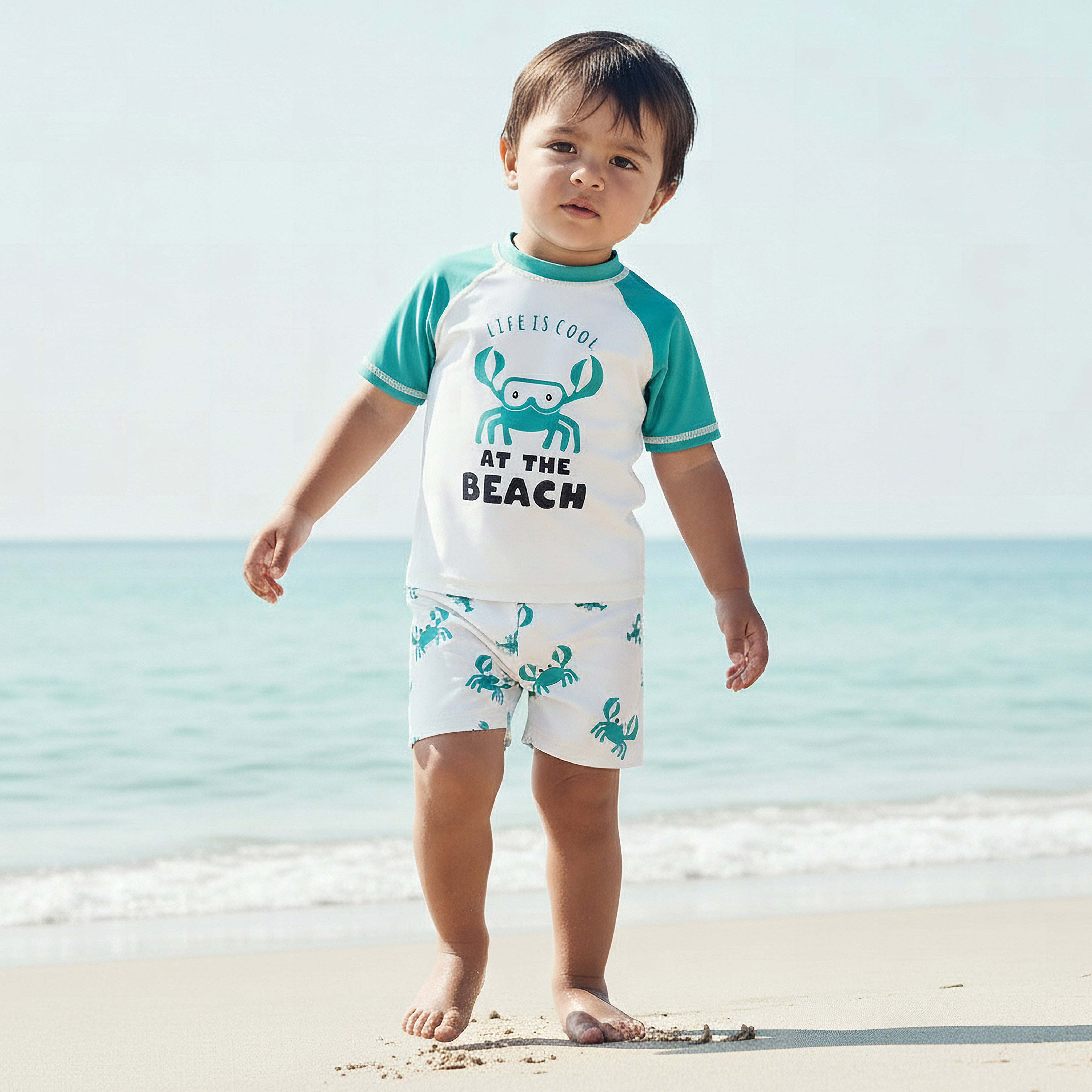 Juniors Crew Neck Short Sleeve Rashguard Set with Crab Print-baby-boys-clothing-swimwear-image-2