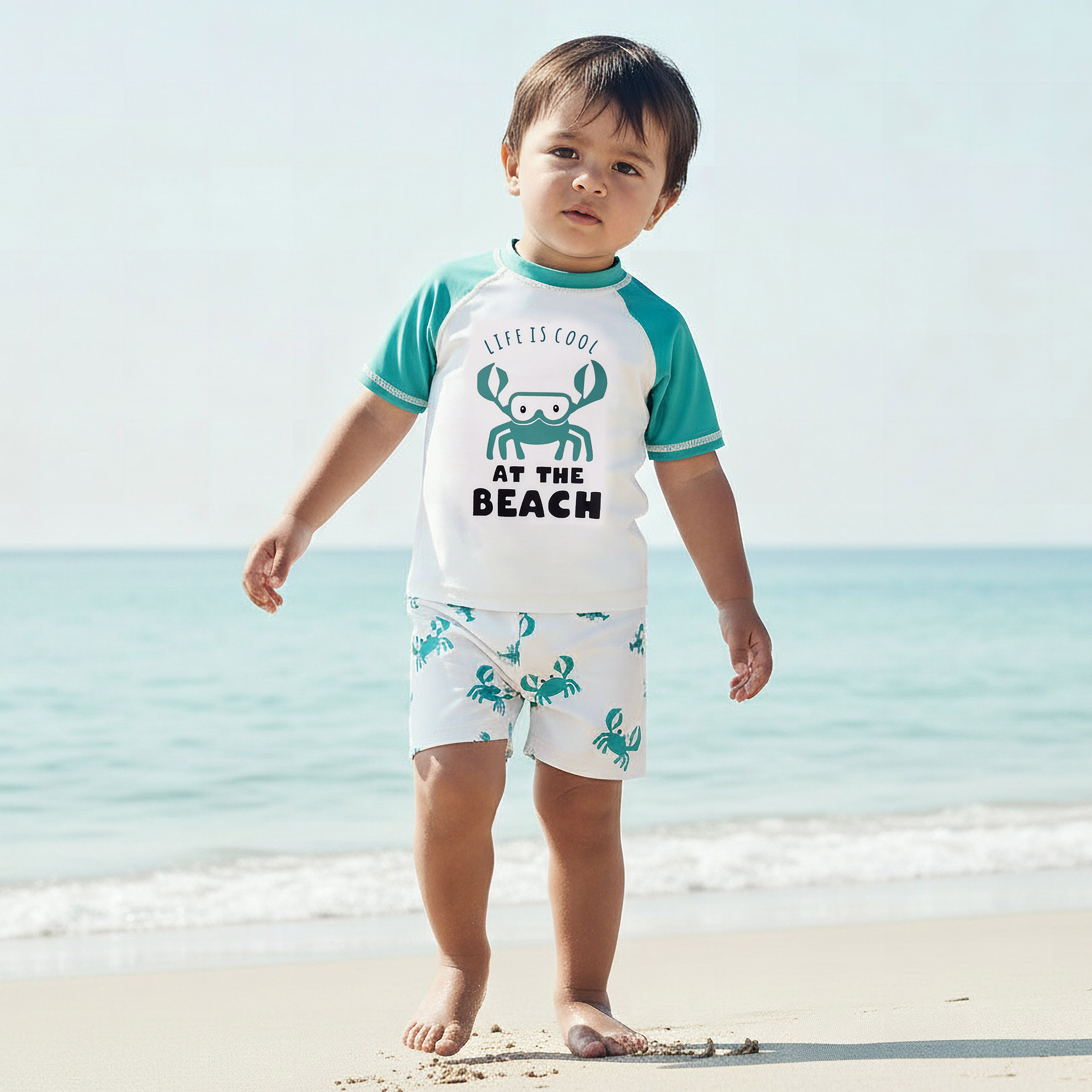Juniors Crew Neck Short Sleeve Rashguard Set with Crab Print-baby-boys-clothing-swimwear-image-1