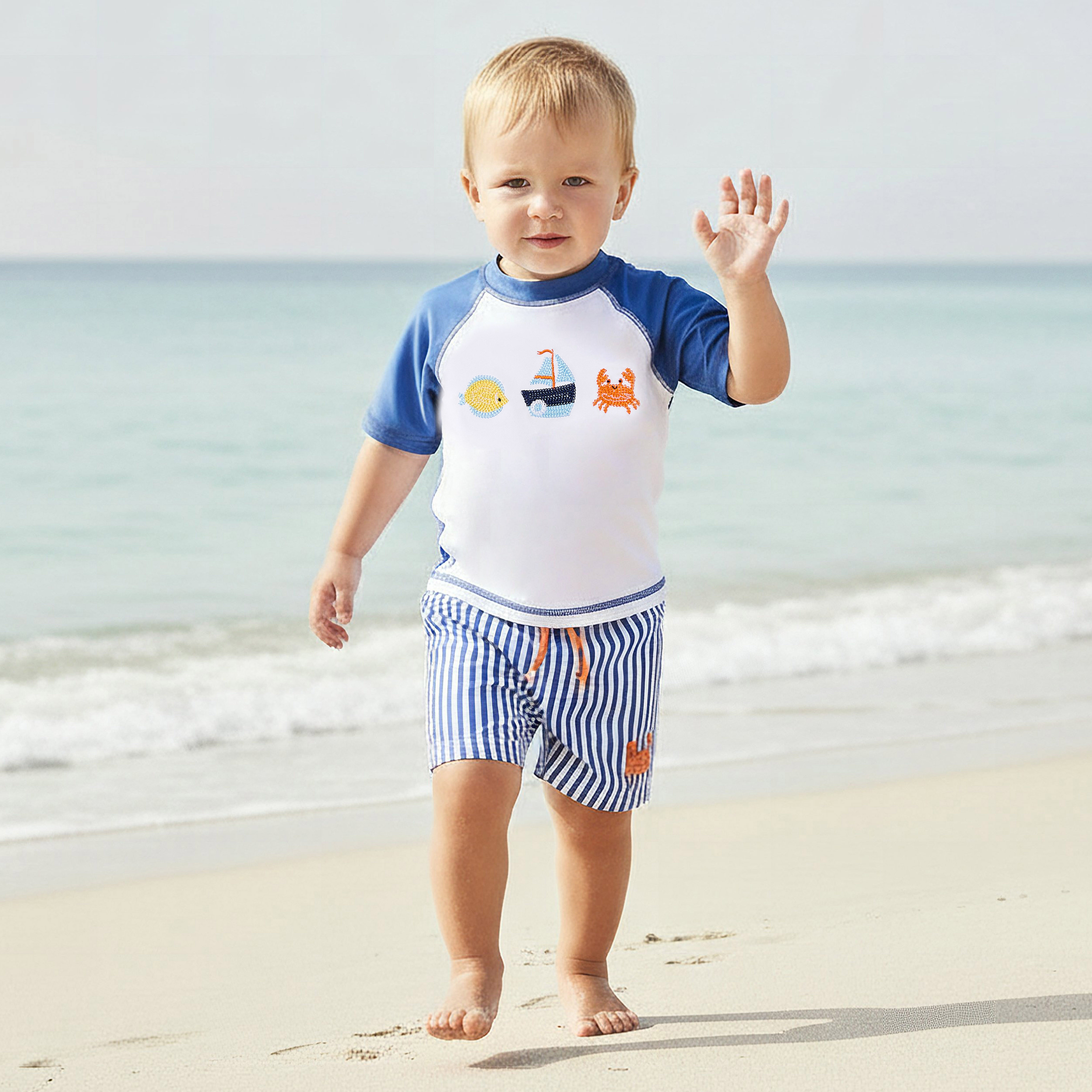 Juniors Crew Neck Short Sleeve Rashguard Set with Nautical Embroidery-baby-boys-clothing-swimwear-image-2