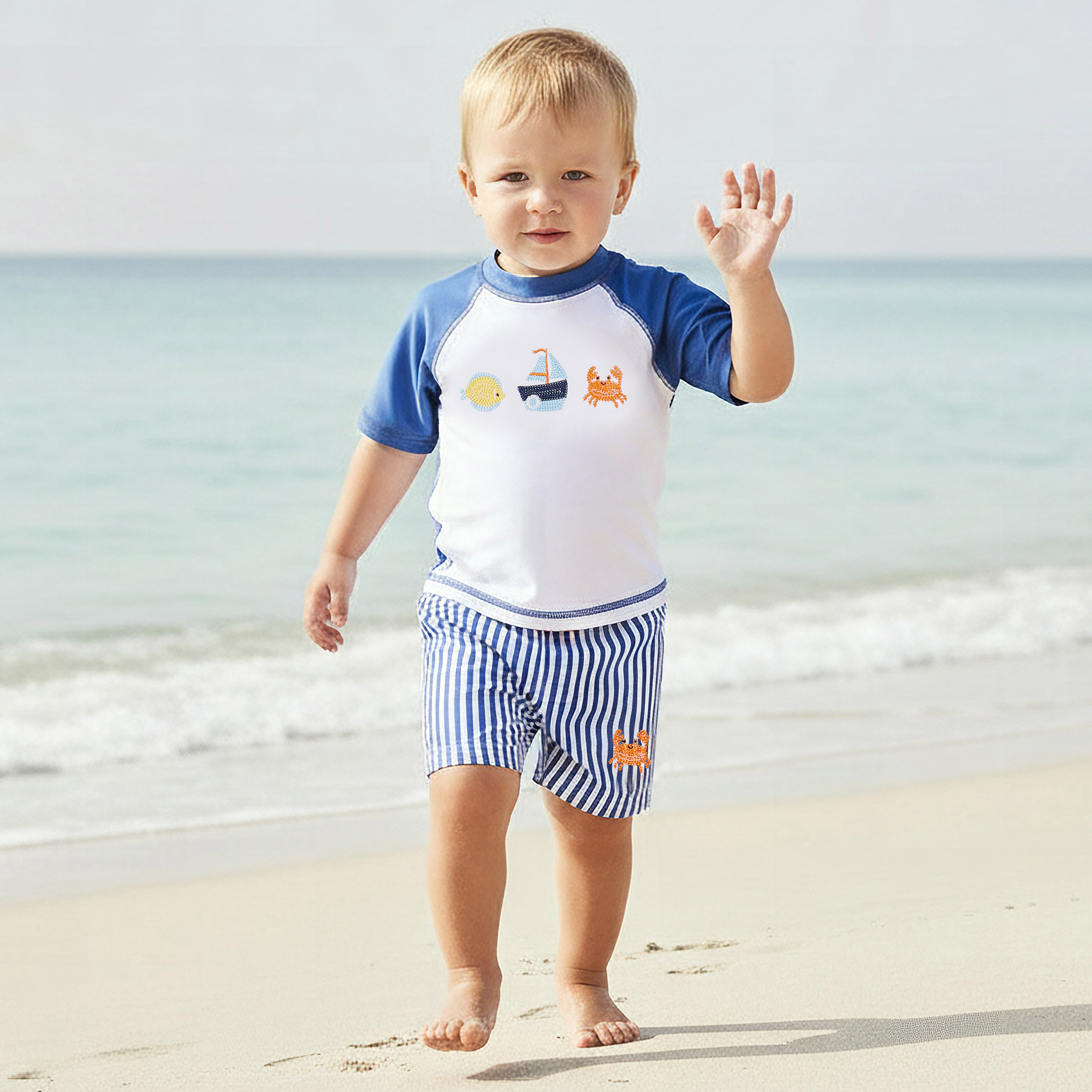 Juniors Crew Neck Short Sleeve Rashguard Set with Nautical Embroidery-baby-boys-clothing-swimwear-image-1