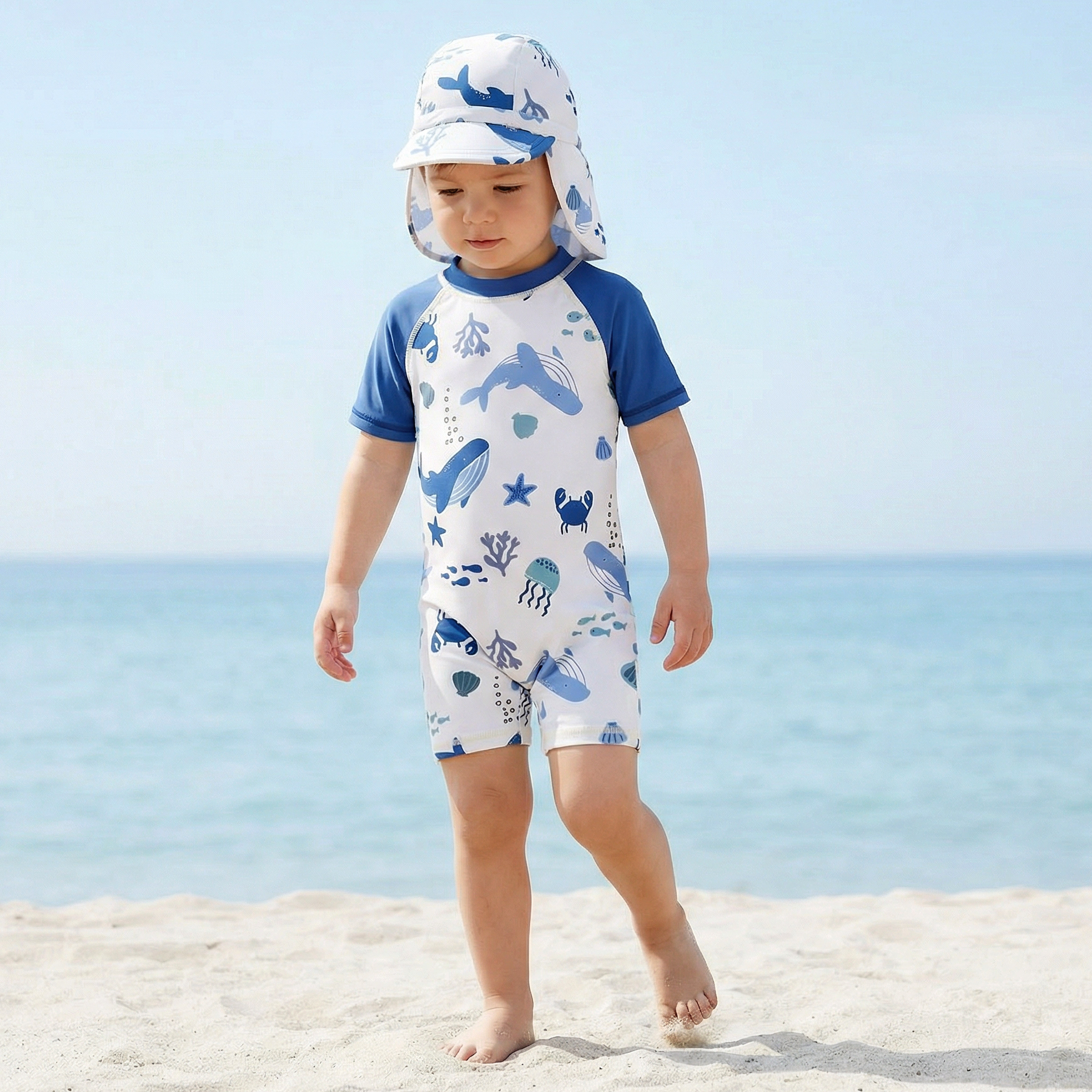 Juniors Round Neck Short Sleeves Swimsuit Set with Underwater Print-baby-boys-clothing-swimwear-image-1