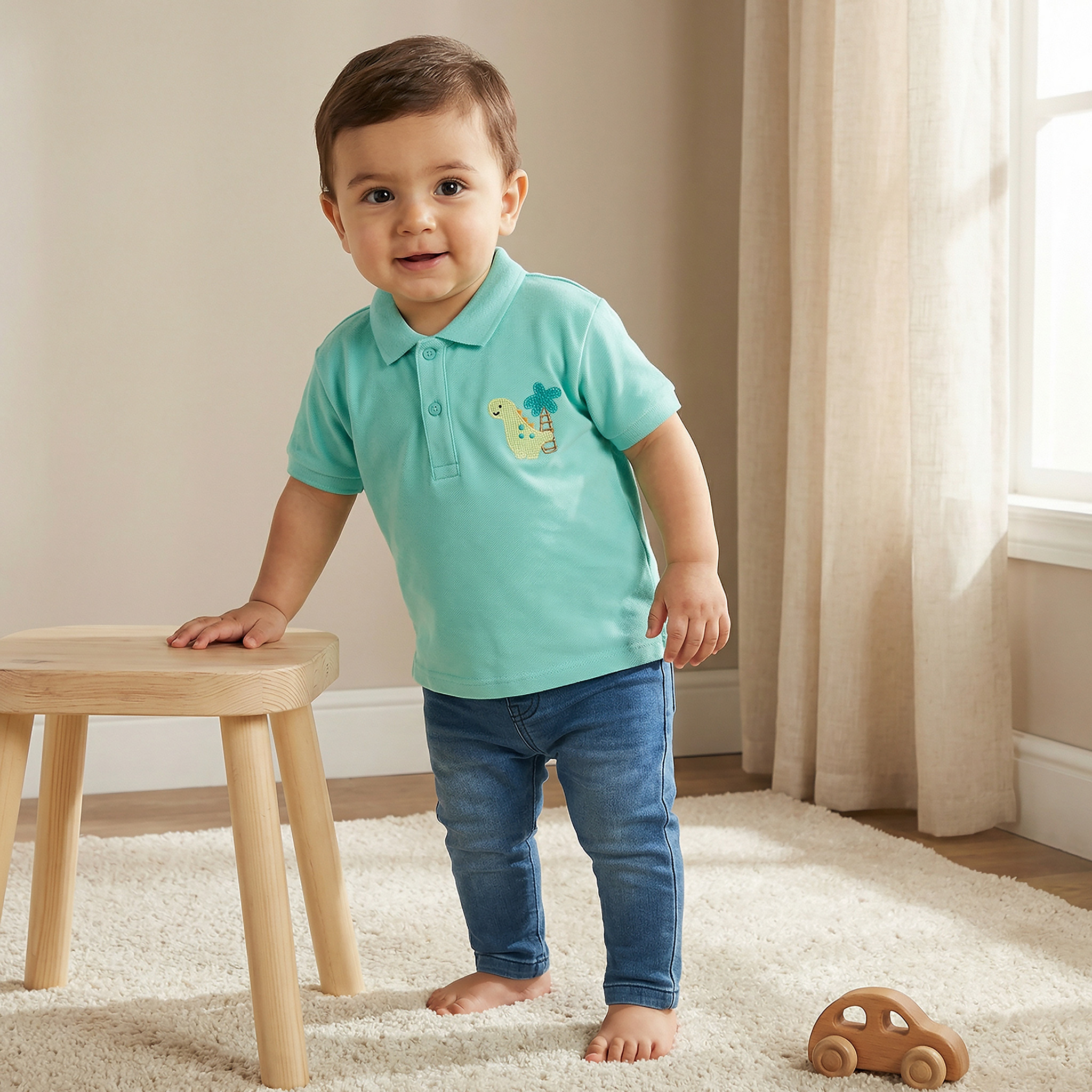 Juniors Collared Short Sleeves Polo T-shirt with Dinosaur Embroidery-baby-boys-clothing-tshirtsandpolos-image-1