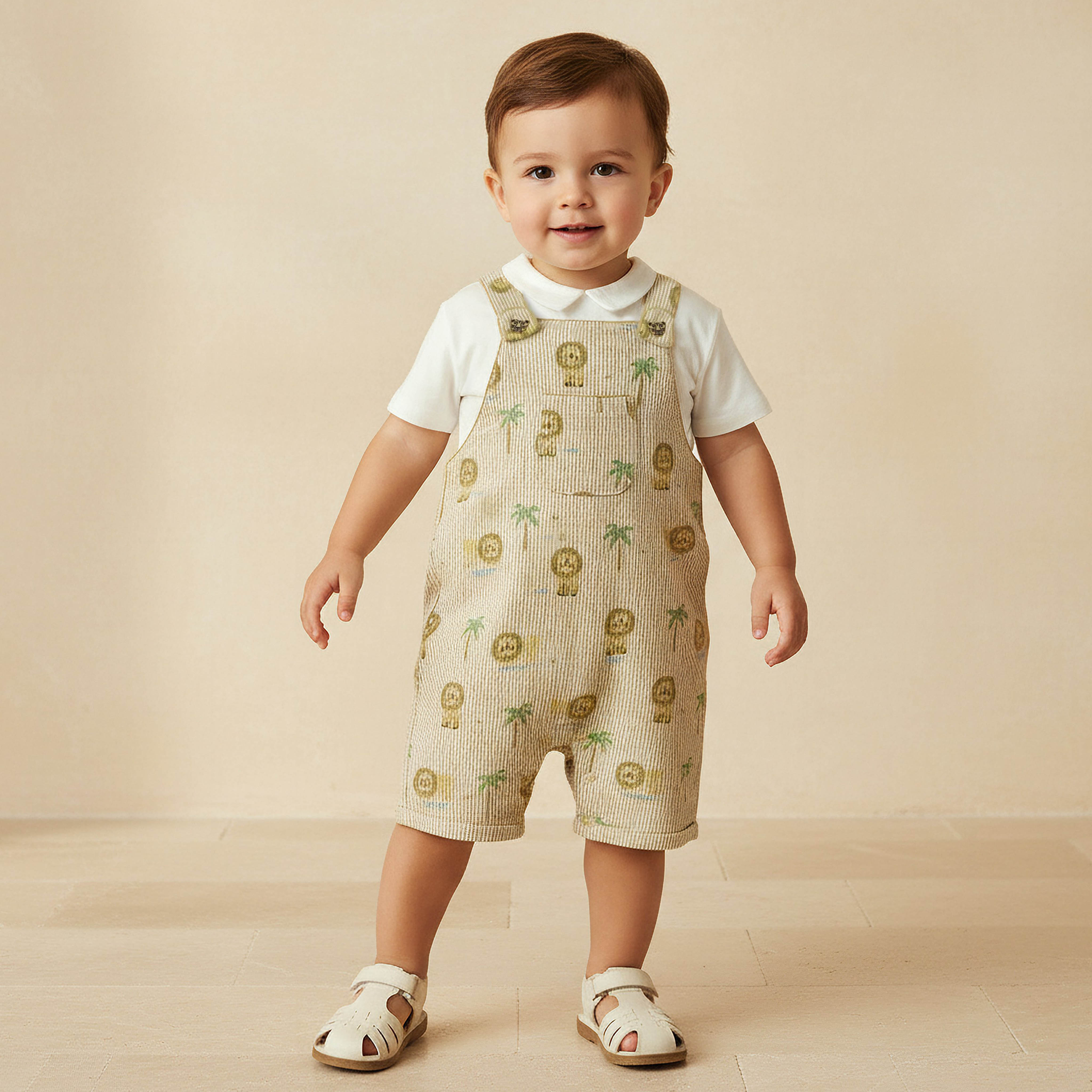 Juniors Collared Long Sleeves T-shirt and Dungaree Set with Lion Print-baby-boys-clothing-setsandcoords-image-1