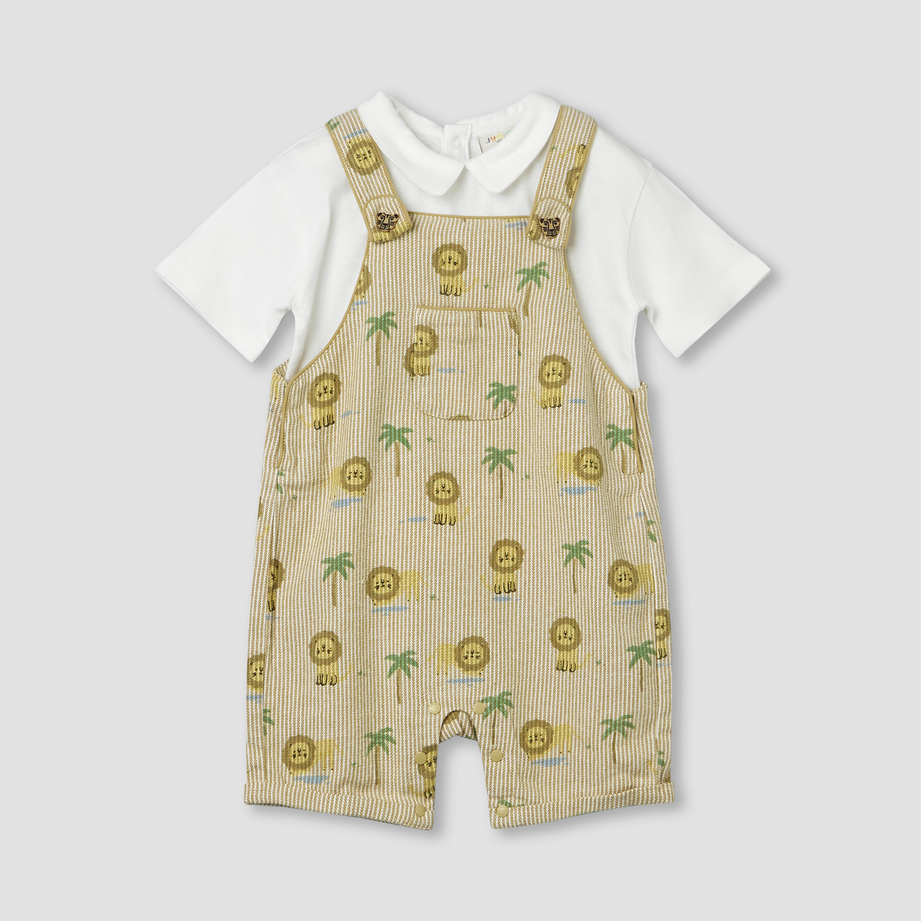 Juniors Collared Long Sleeves T-shirt and Dungaree Set with Lion Print-baby-boys-clothing-setsandcoords-image-2