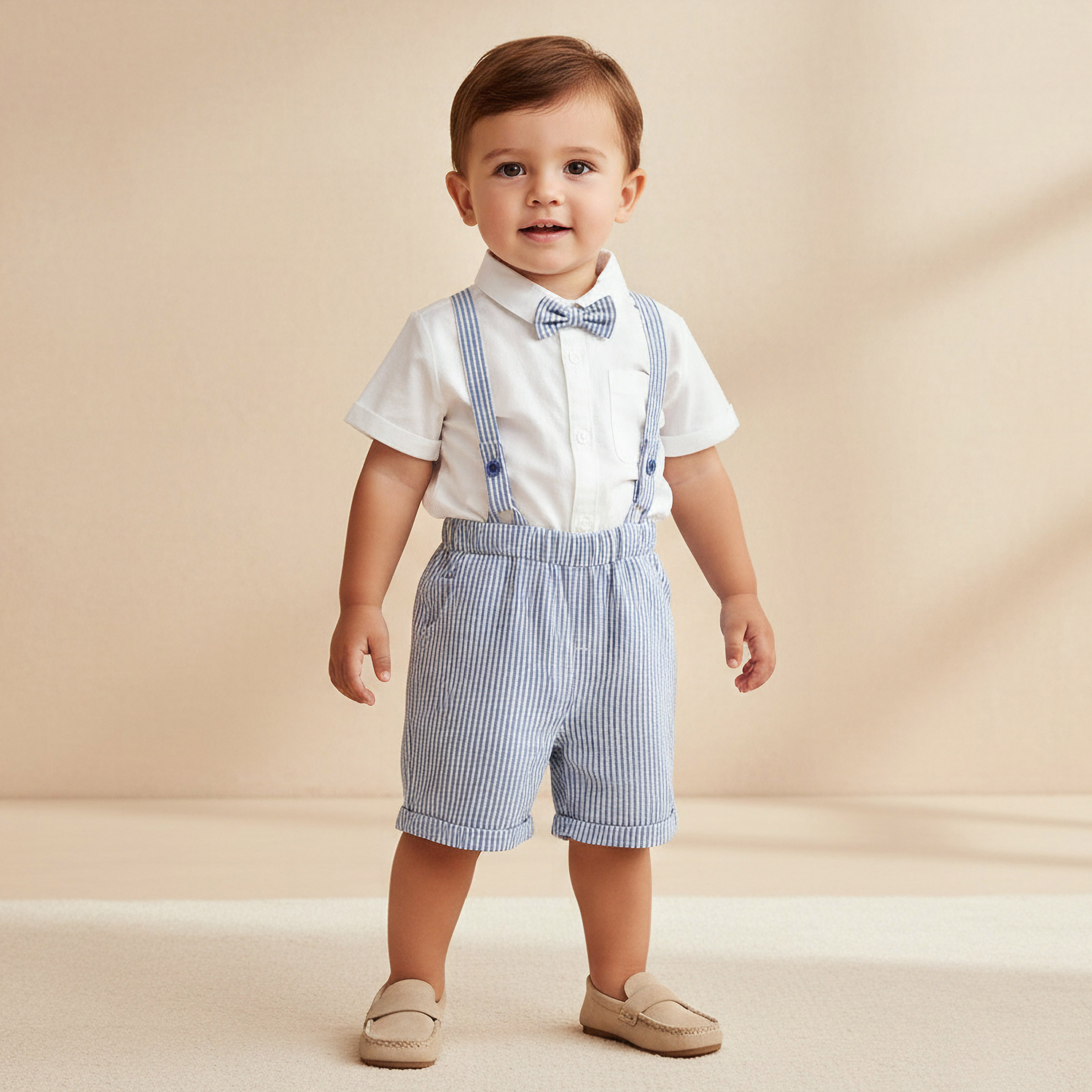 Juniors Collared Short Sleeves Bodysuit and Dungaree Set with Stripes-baby-boys-clothing-setsandcoords-image-1