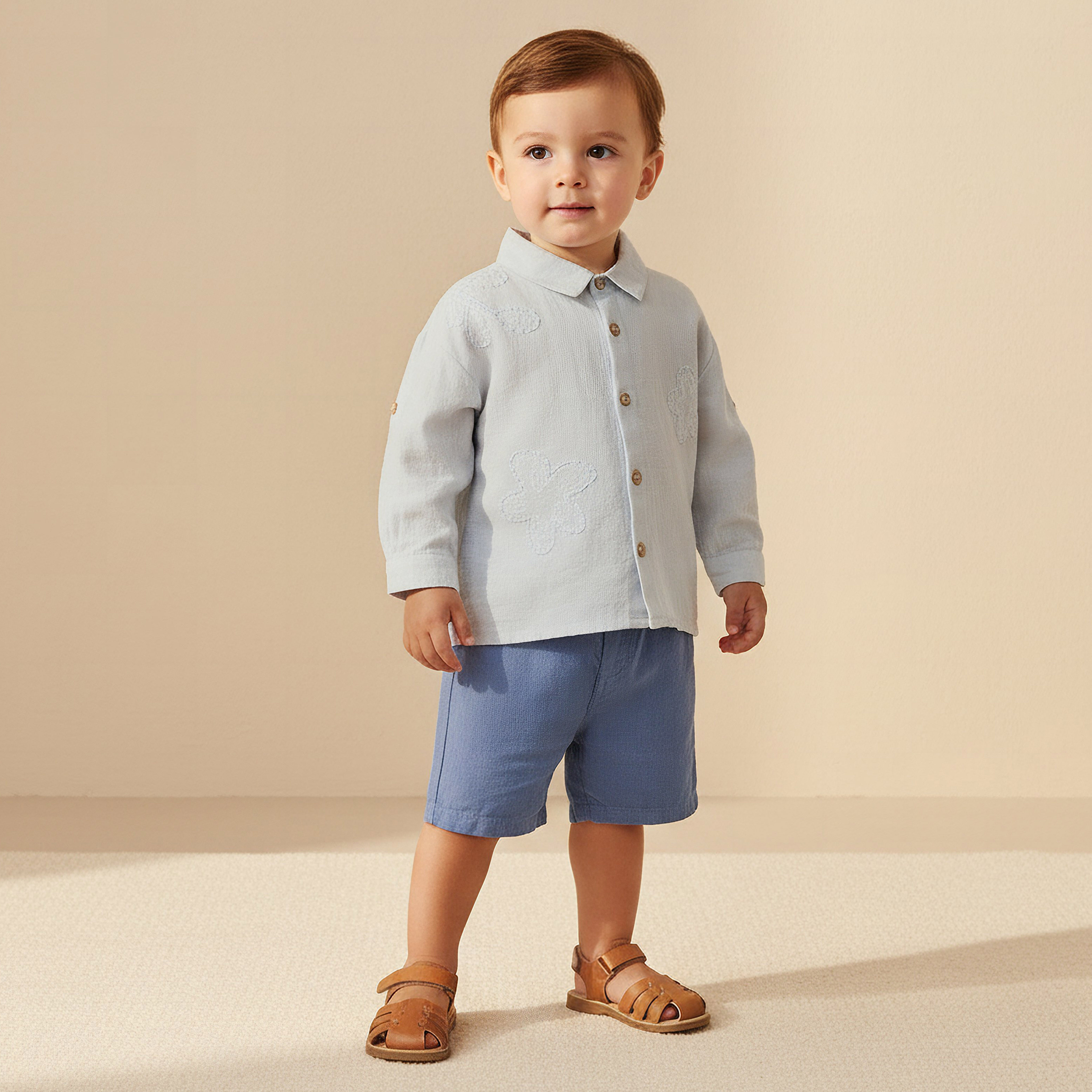 Juniors Collared Neck Long Sleeve Shirt and Shorts Set with Pockets-baby-boys-clothing-setsandcoords-image-1