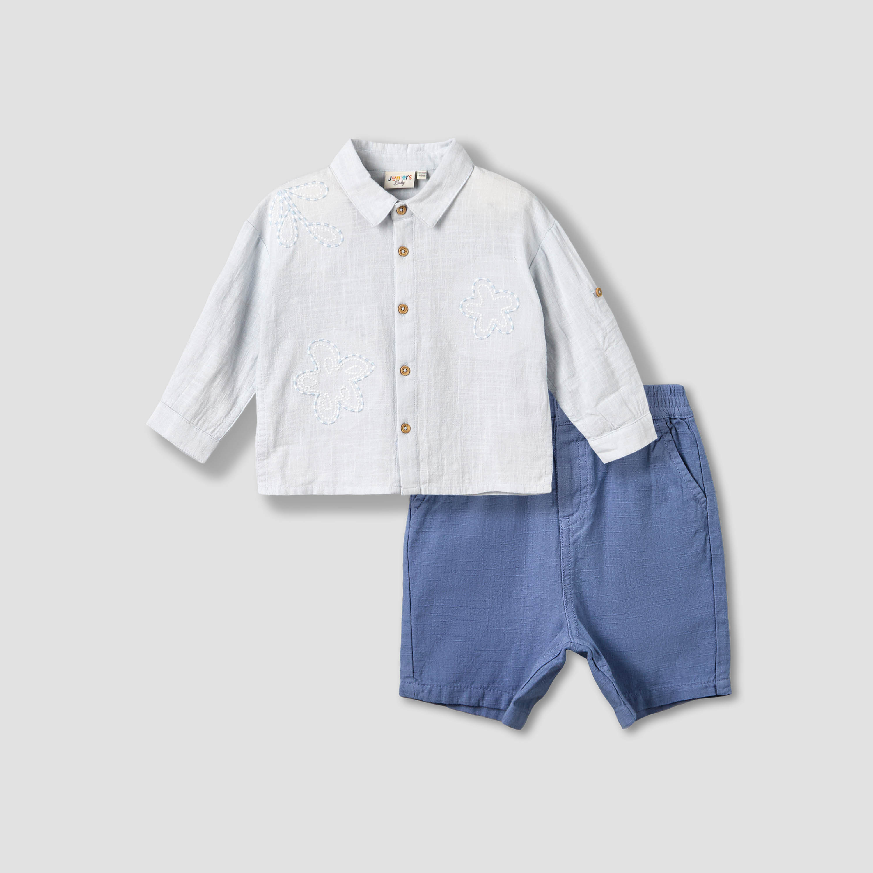 Juniors Collared Neck Long Sleeve Shirt and Shorts Set with Pockets-baby-boys-clothing-setsandcoords-image-2