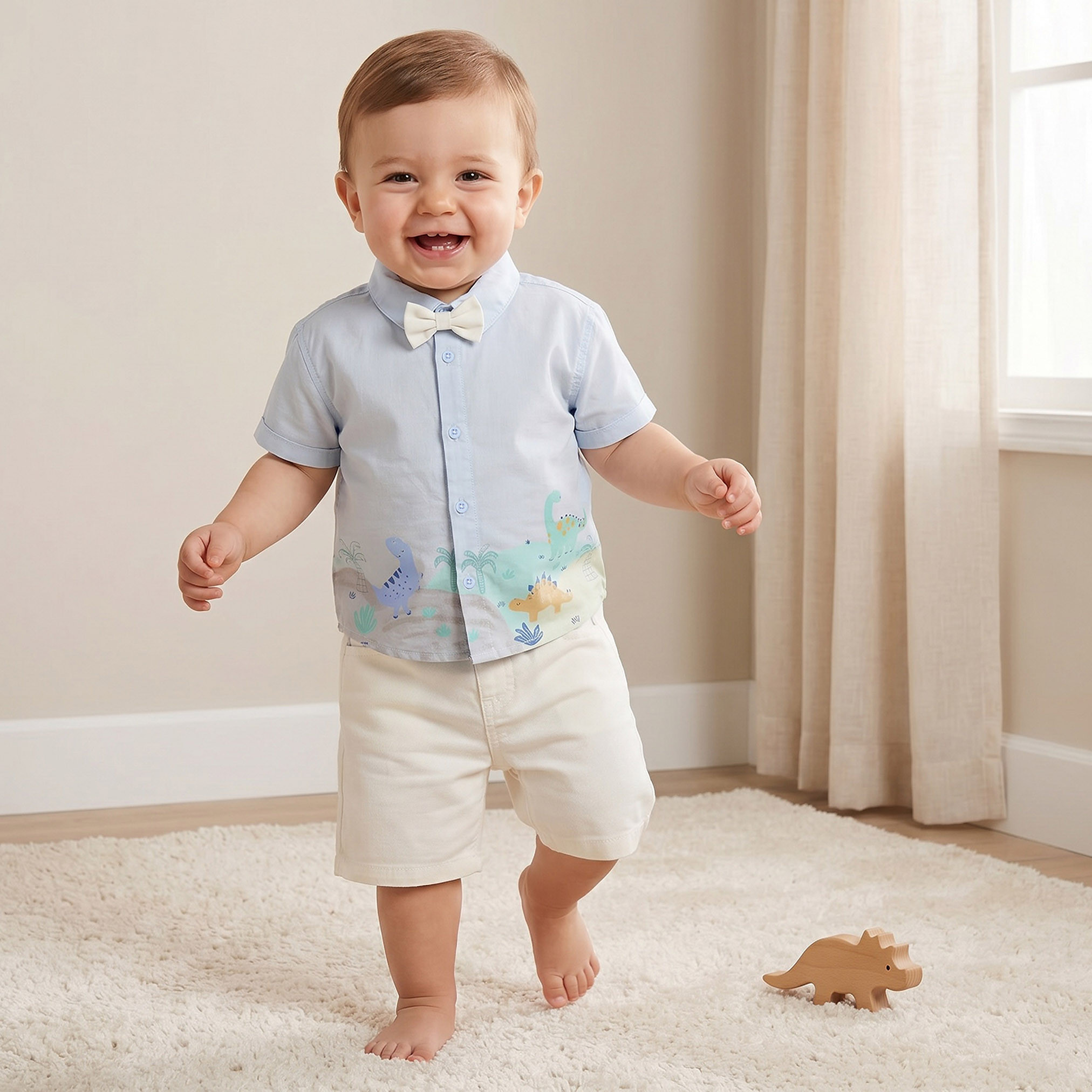 طقم قميص بياقة عادية وأكمام قصيرة مع شورت بطبعات ديناصور من جونيورز-baby-boys-clothing-setsandcoords-image-1