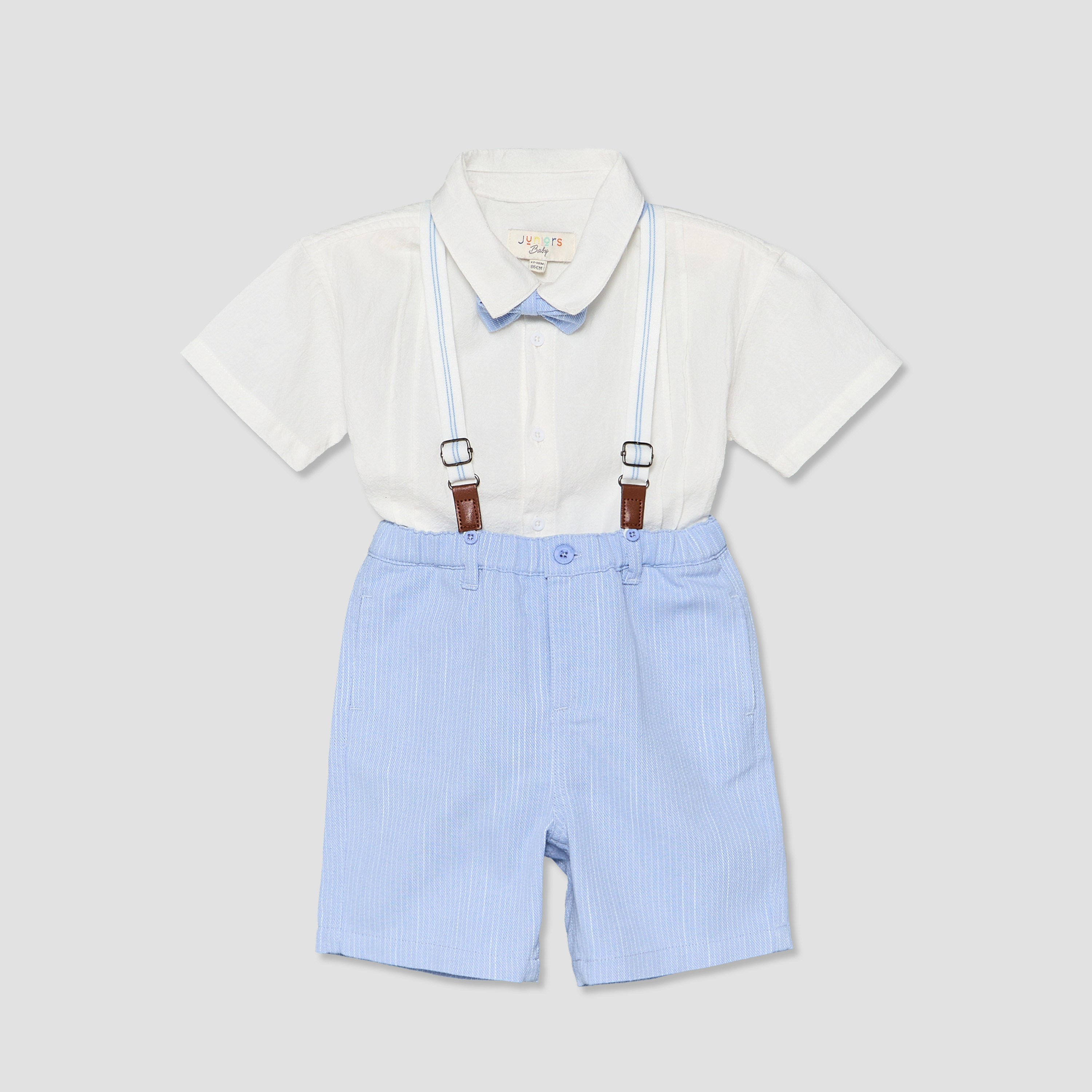 Set of 3 Juniors Collared Short Sleeve Shirt and Shorts Set with Bow Tie-baby-boys-clothing-setsandcoords-image-1