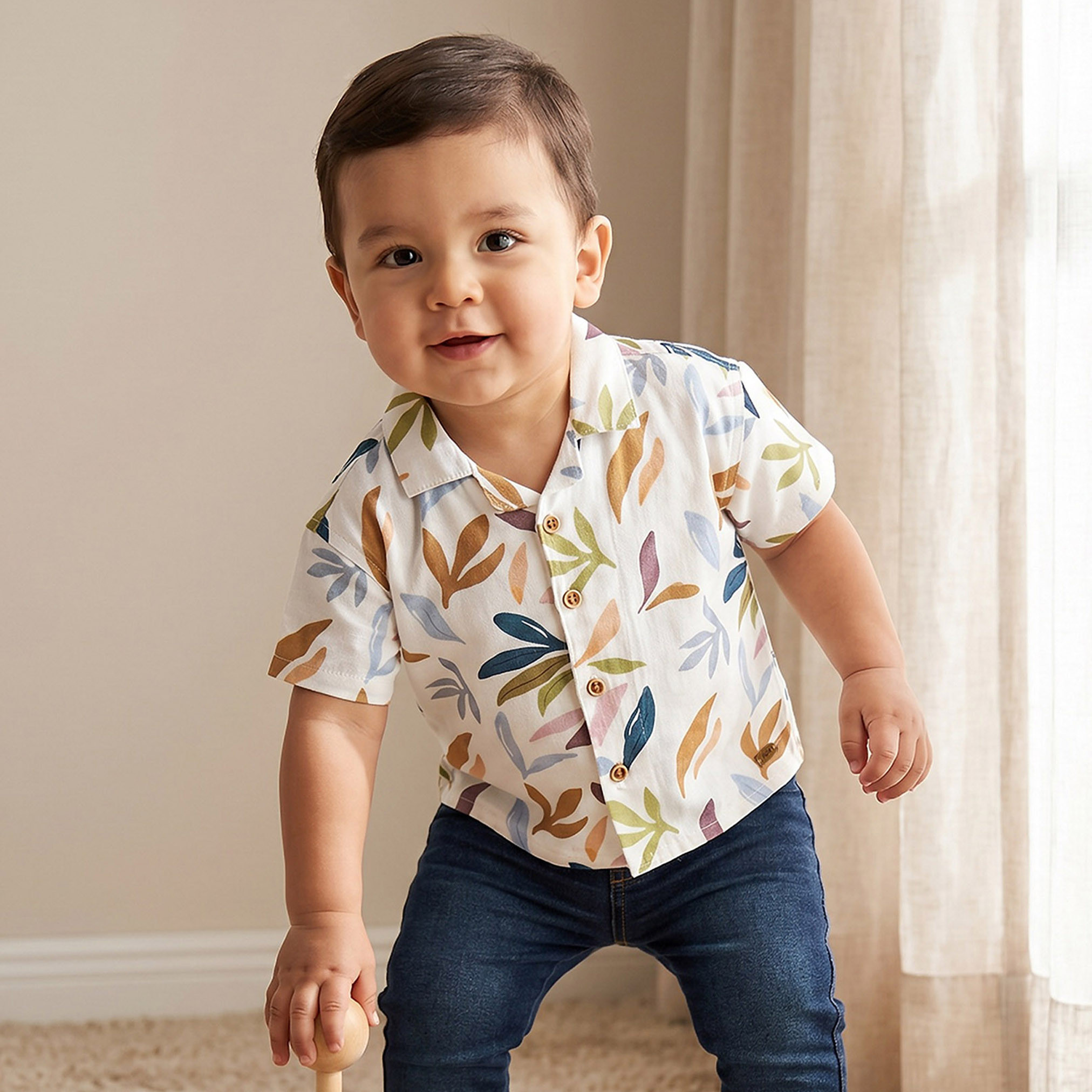 Giggles Short Sleeve Shirt with Leaf Print-baby-boys-clothing-shirts-image-1
