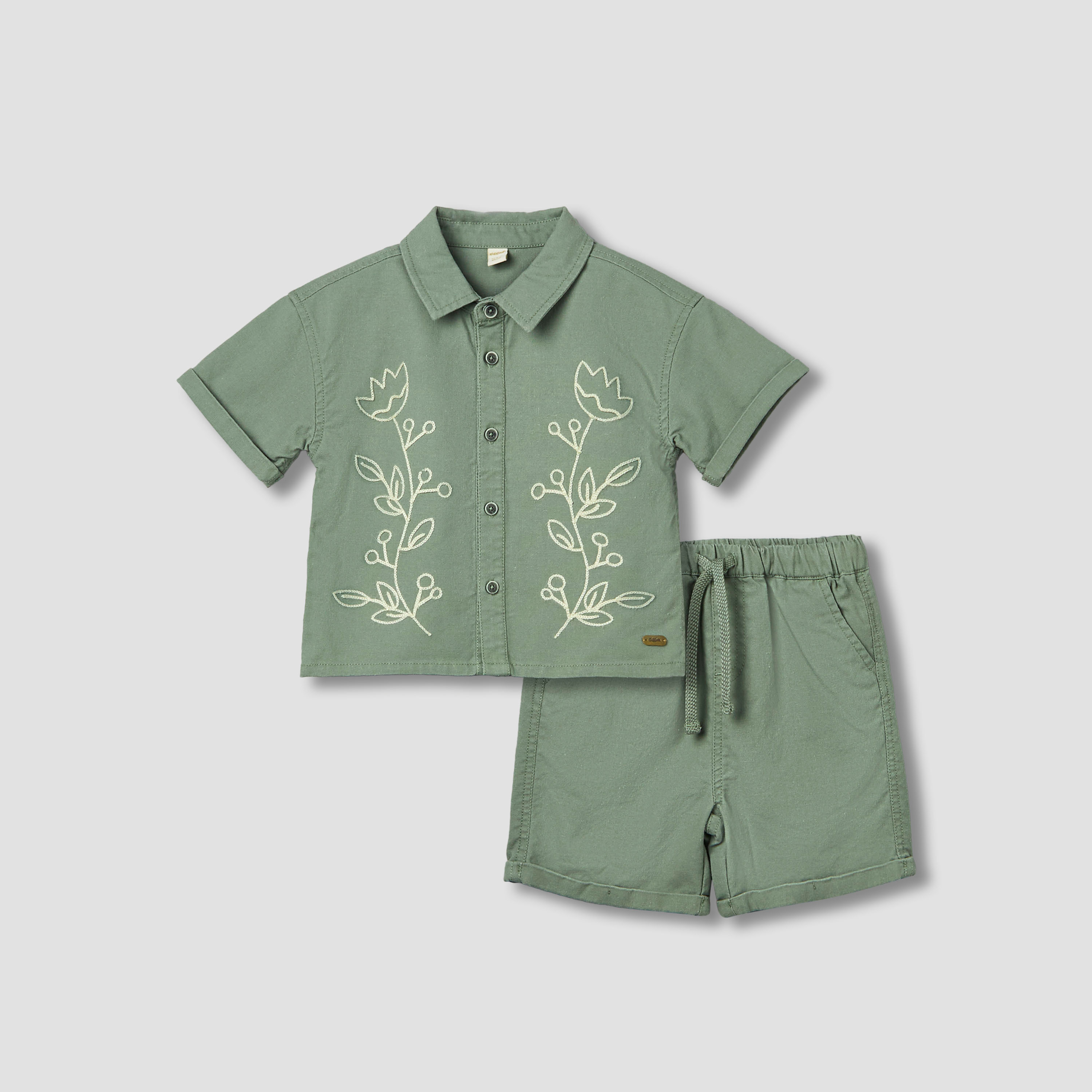 Giggles Collared Short Sleeves Shirt and Shorts Set with Floral Embroidery-baby-boys-clothing-setsandcoords-image-2
