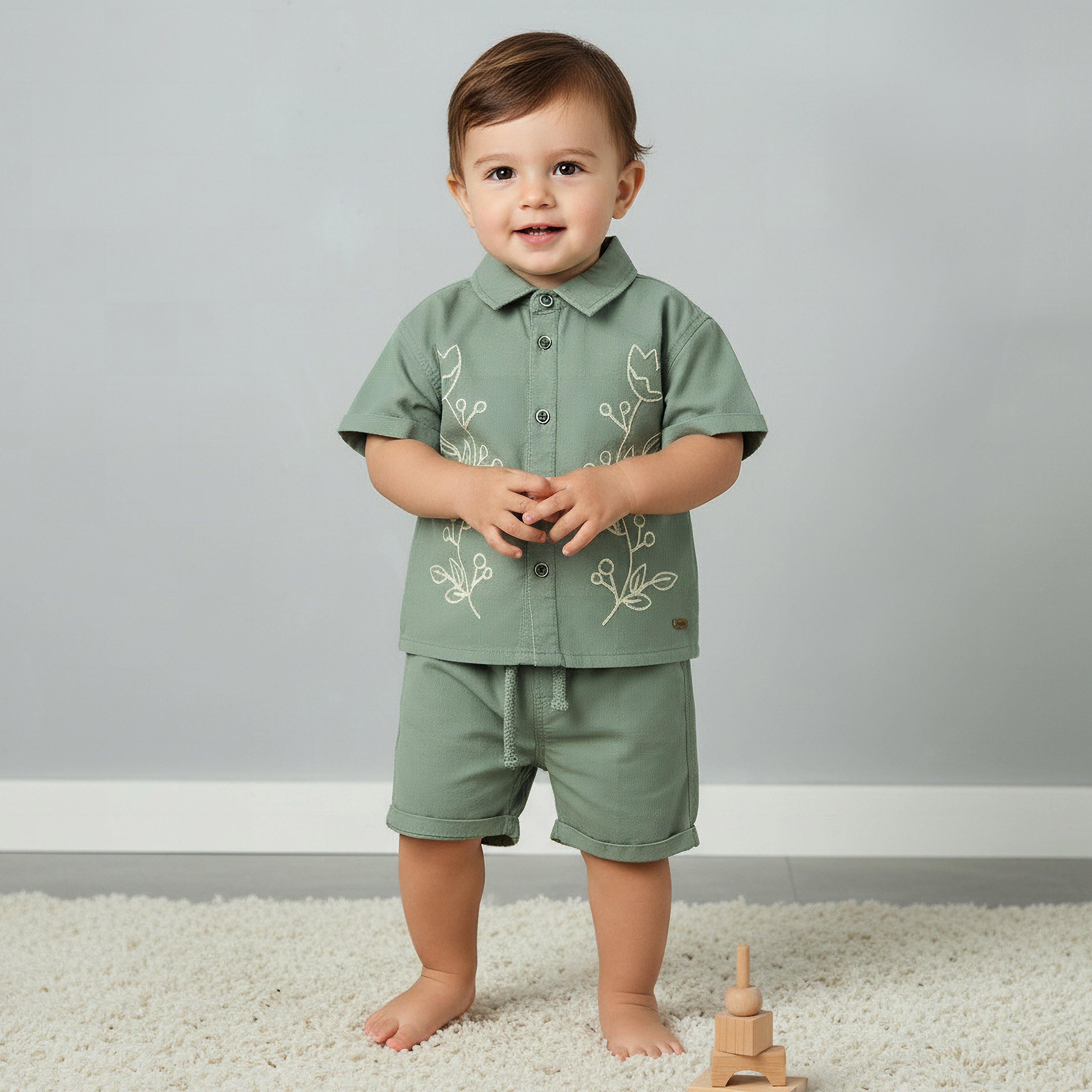 Giggles Collared Short Sleeves Shirt and Shorts Set with Floral Embroidery-baby-boys-clothing-setsandcoords-image-1