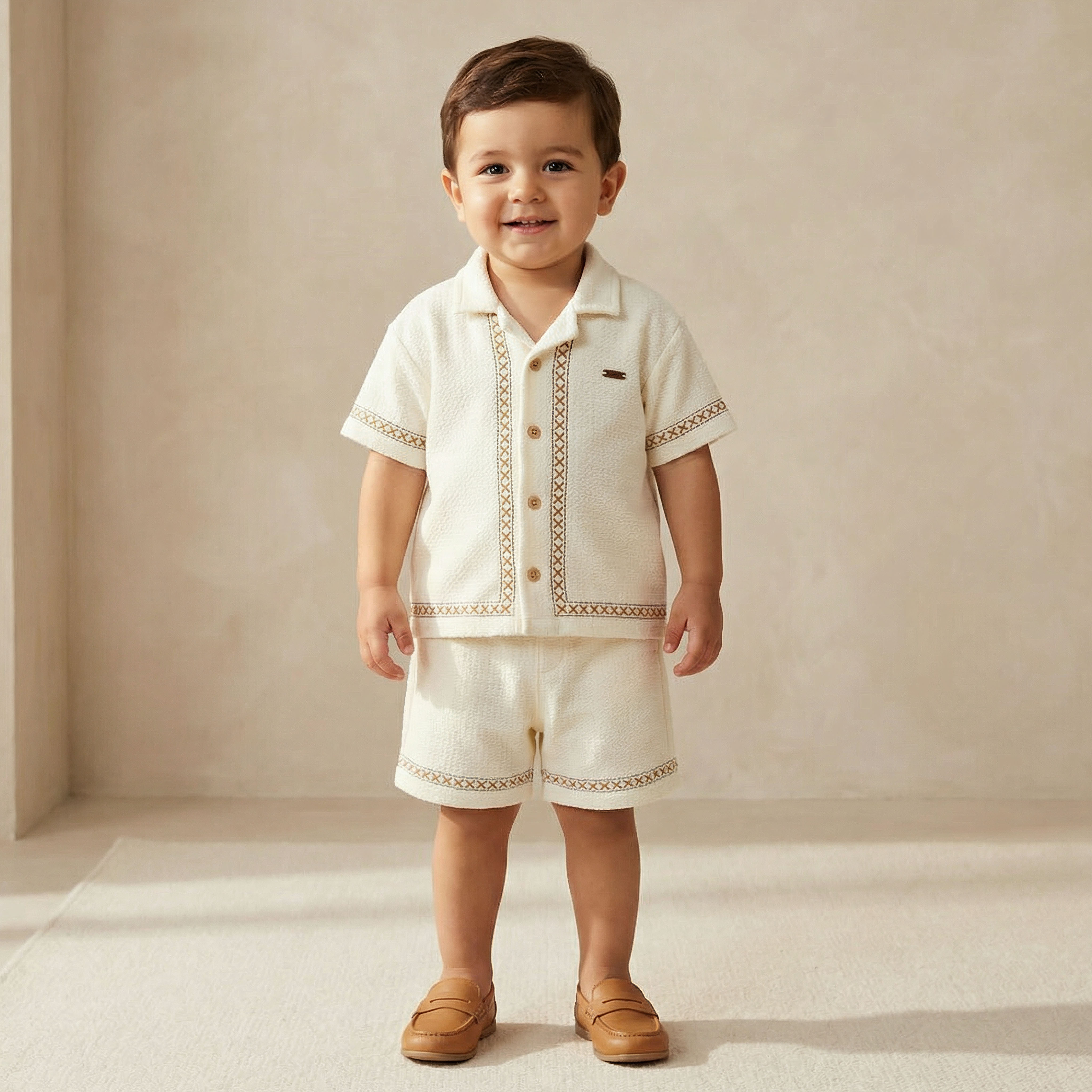 Giggles Boys Shirt and Shorts Set with Embroidered Detail - Cotton - Short Sleeves - Collar-baby-boys-clothing-setsandcoords-image-1