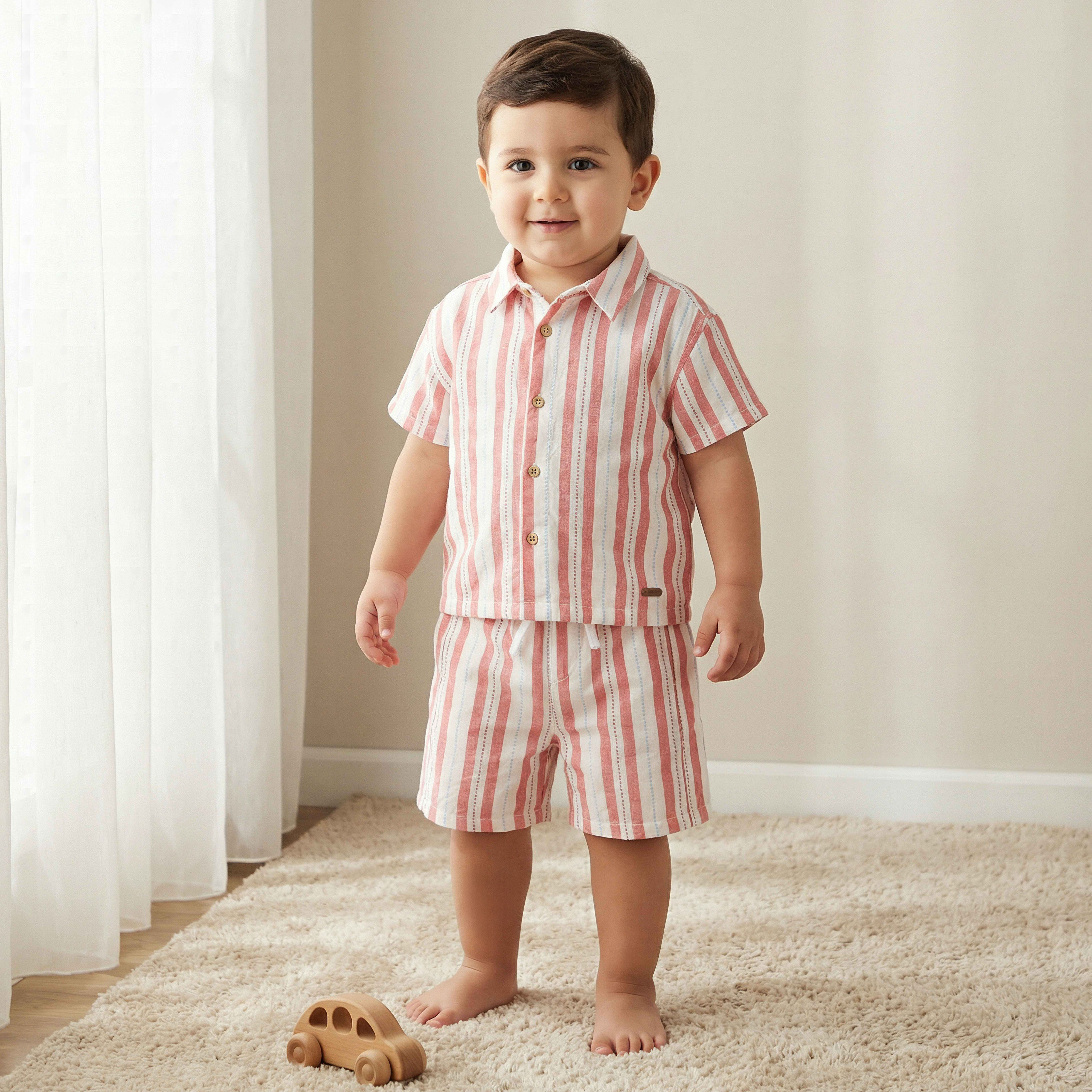 Giggles Collared Short Sleeve Shirt and Shorts Set with Stripes-baby-boys-clothing-setsandcoords-image-1