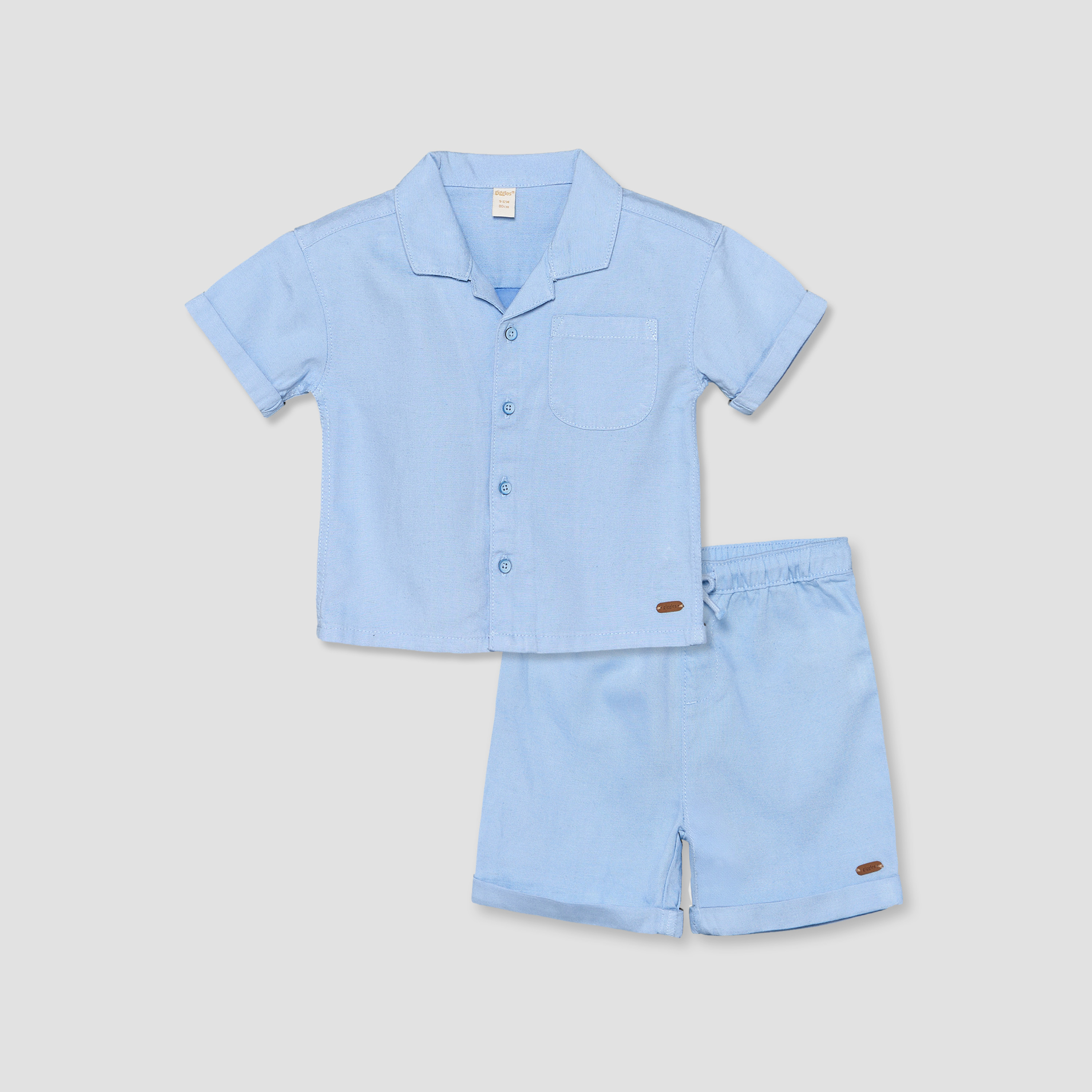 طقم شورت وقميص بأكمام قصيرة بتصميم سادة وياقة كامب من جيجلز-baby-boys-clothing-setsandcoords-image-2