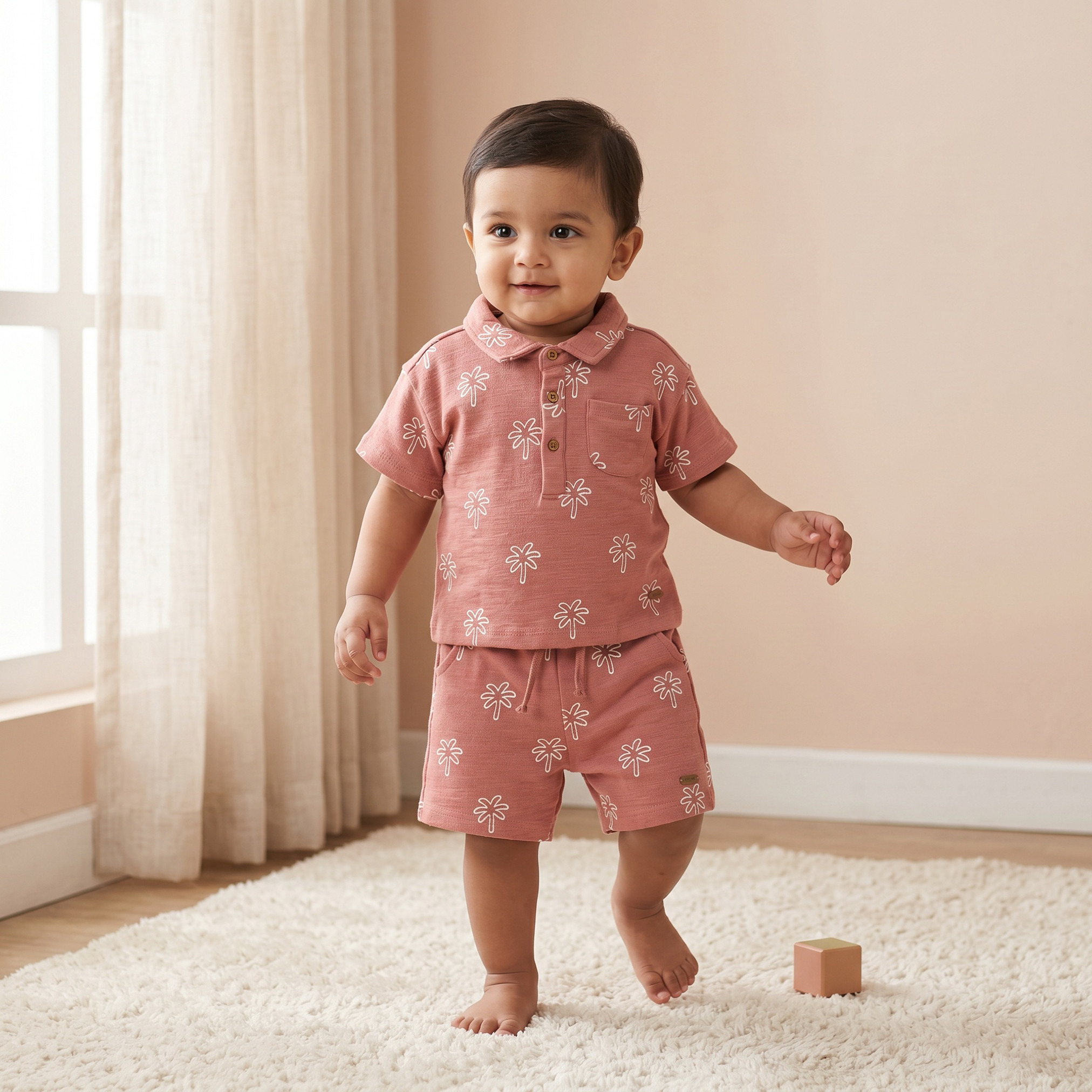 Giggles Collared Short Sleeves Polo T-shirt and Shorts Set with Palm Tree Print-baby-boys-clothing-setsandcoords-image-1