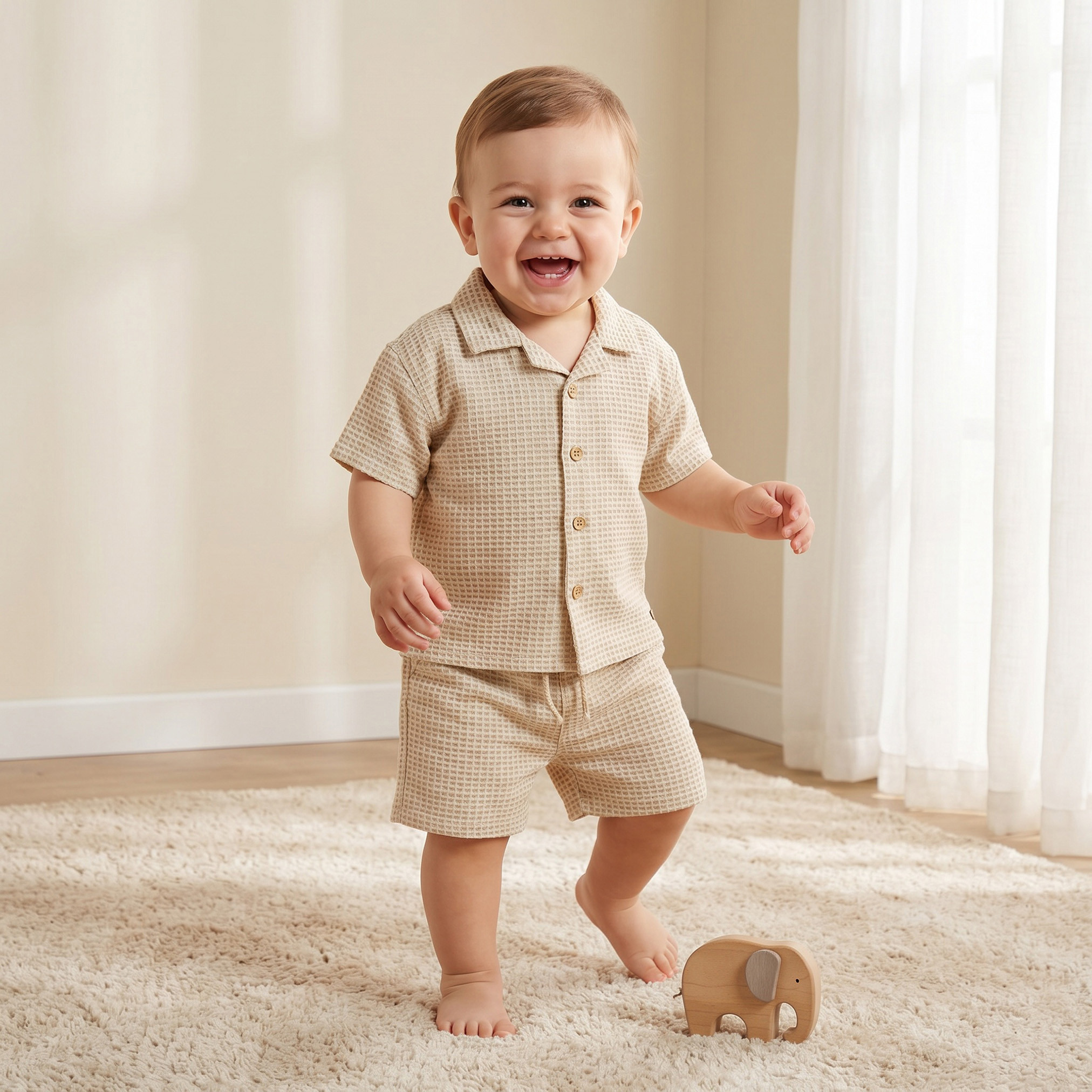 طقم شورت وقميص وافل بارز الملمس بياقة عادية وأكمام قصيرة من جيجلز-baby-boys-clothing-setsandcoords-image-1