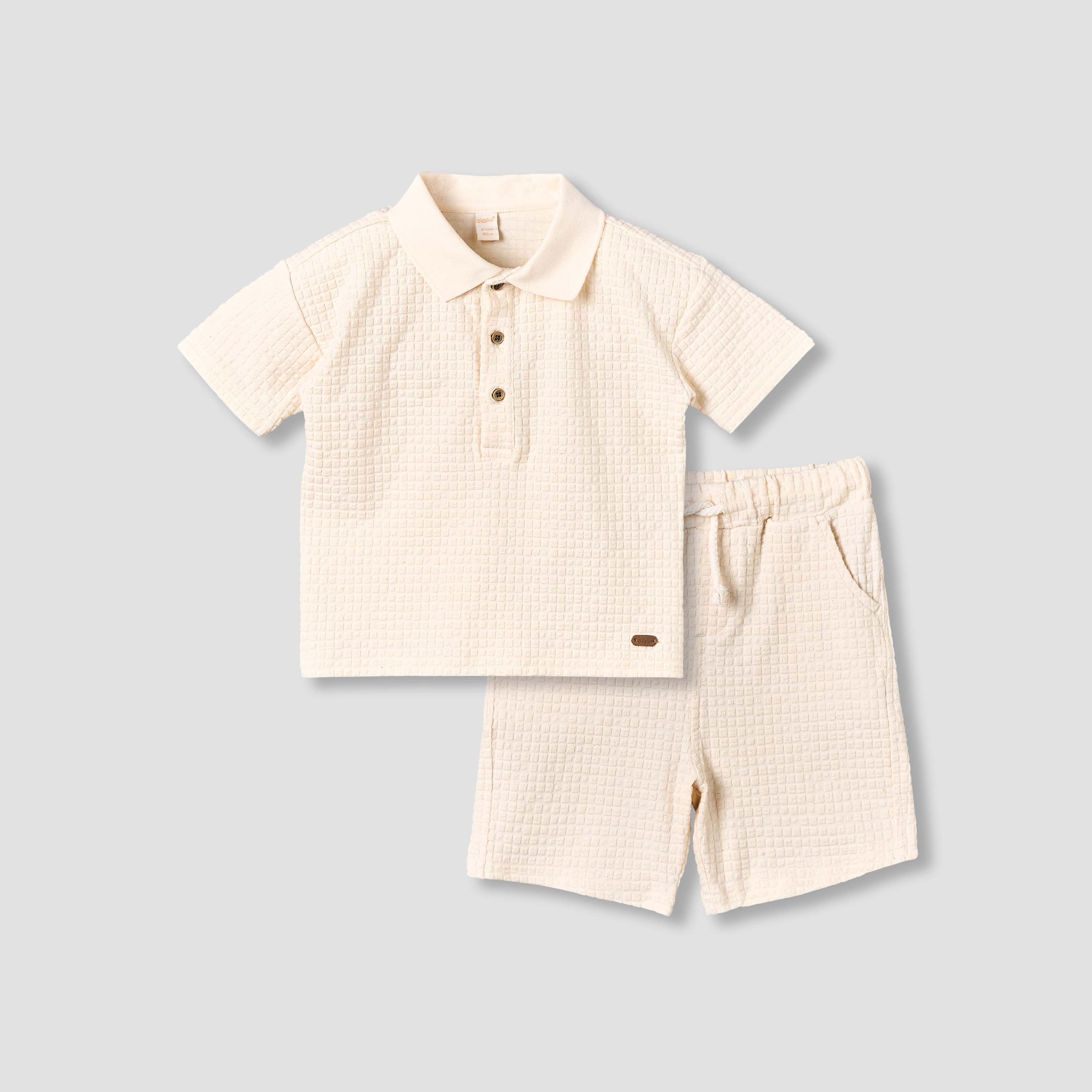 Giggles Collared Short Sleeve Polo T-shirt and Shorts Set with Texture-baby-boys-clothing-setsandcoords-image-2