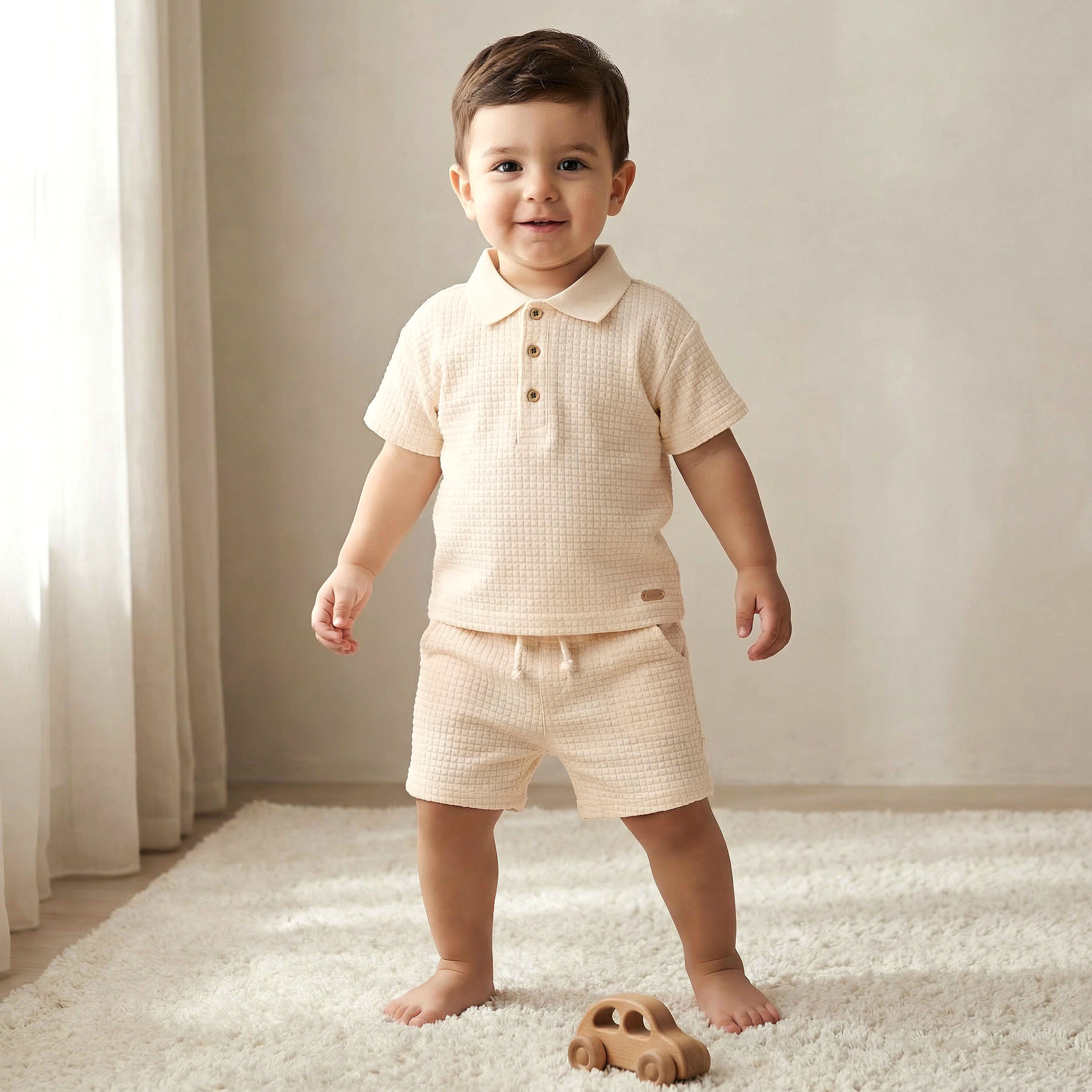 Giggles Collared Short Sleeve Polo T-shirt and Shorts Set with Texture-baby-boys-clothing-setsandcoords-image-1