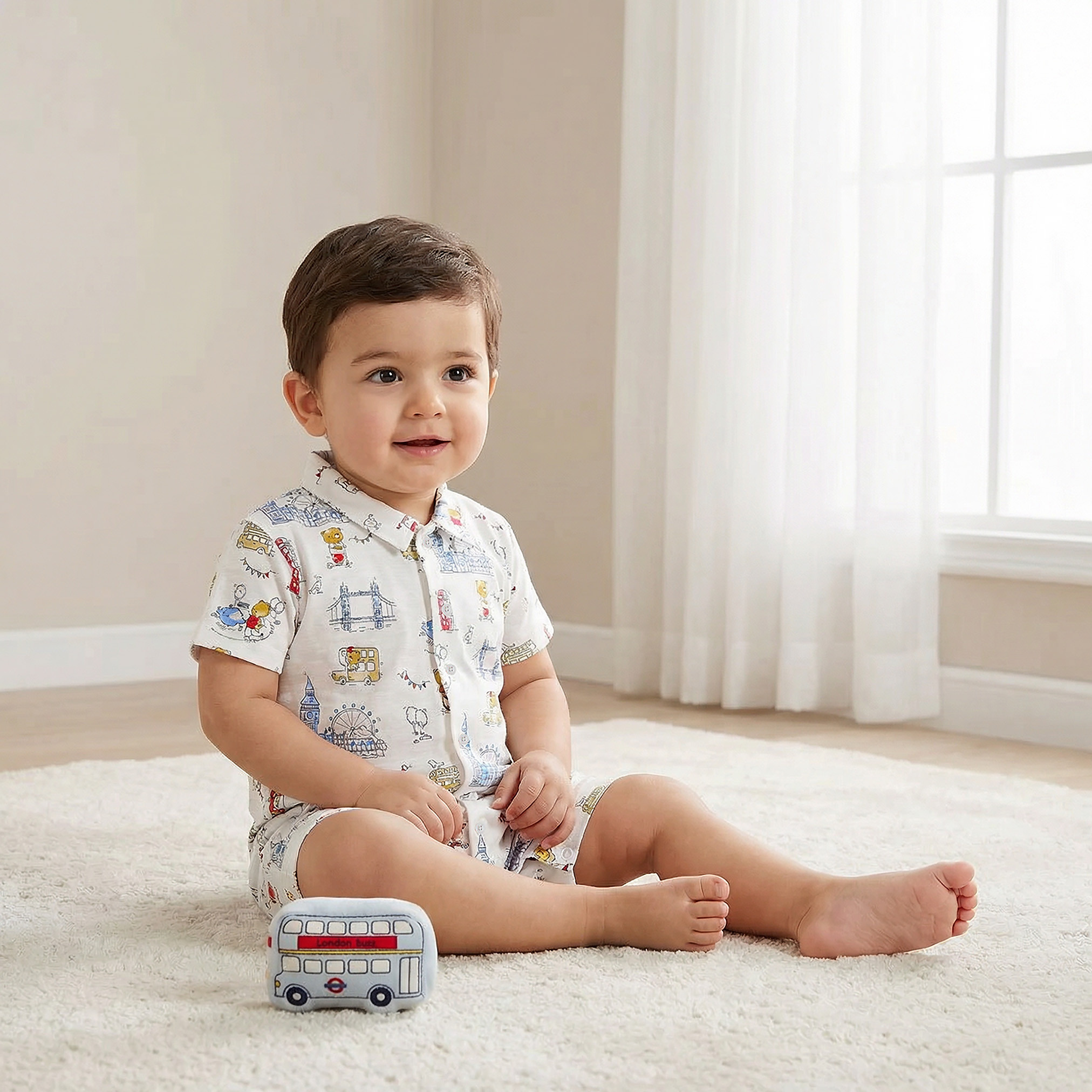 Lee Cooper Collared Short Sleeves Romper with Bear Print-baby-boys-clothing-rompers-image-1