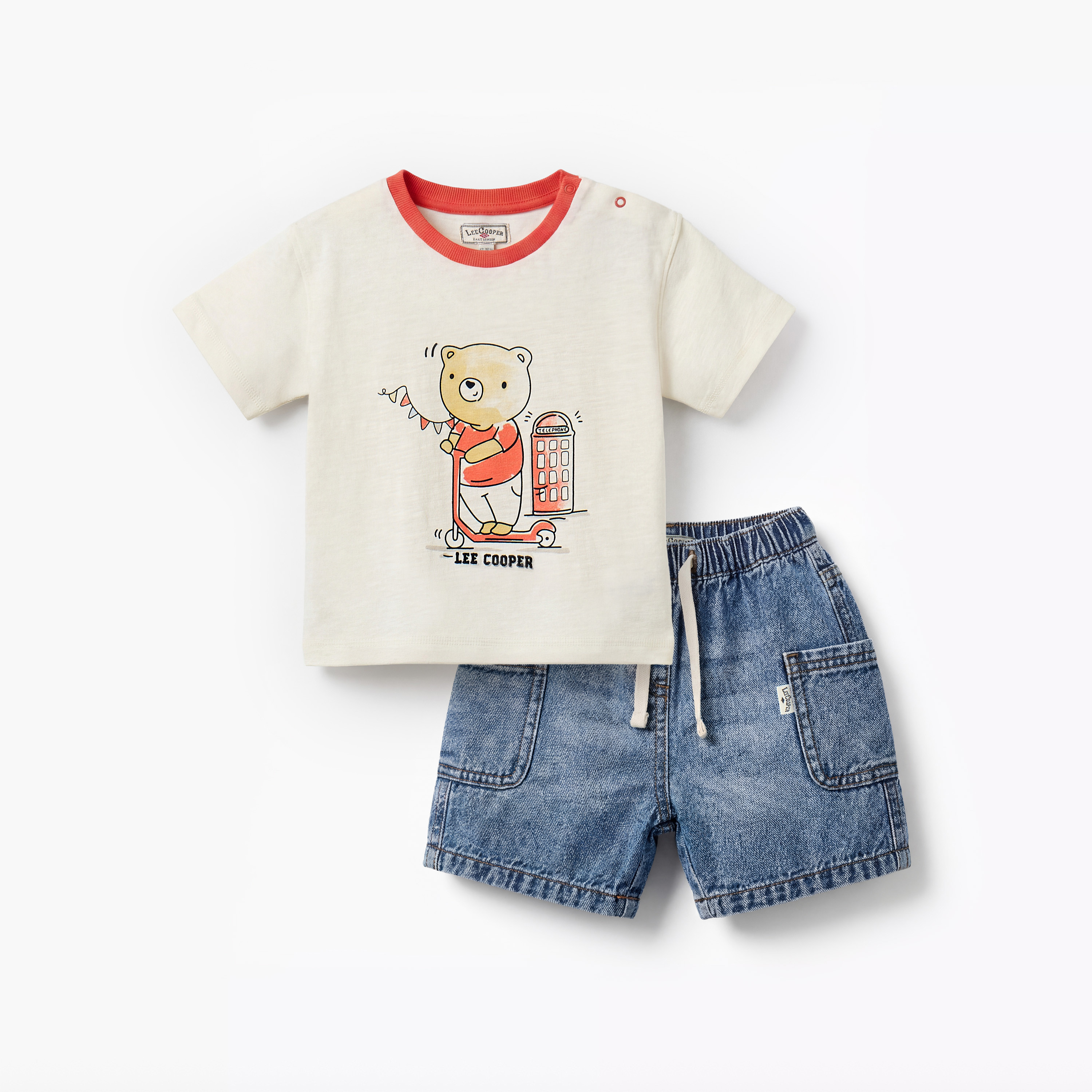 Lee Cooper Crew Neck Short Sleeves T-shirt and Denim Shorts Sets with Bear Print-baby-boys-clothing-setsandcoords-image-1