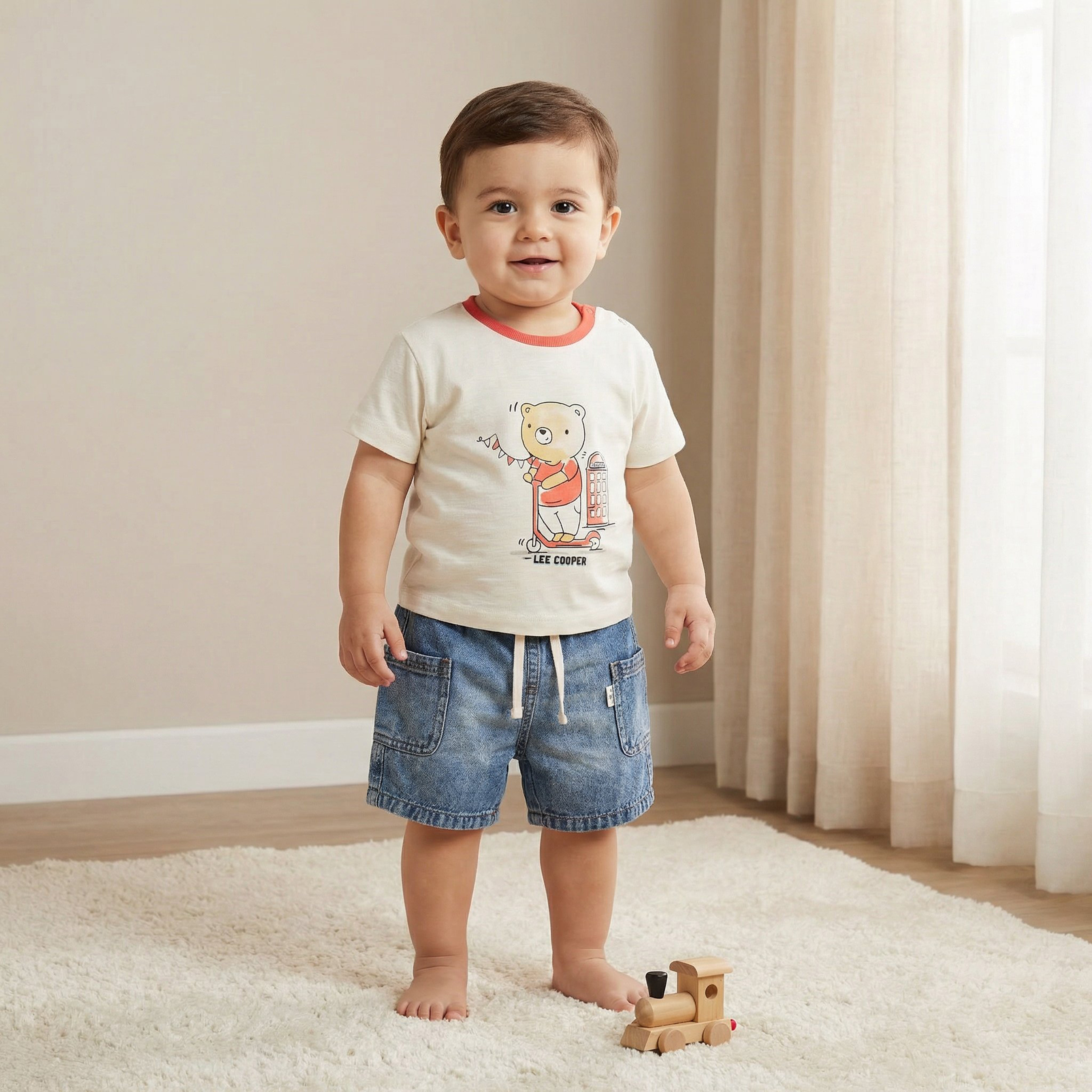 Lee Cooper Crew Neck Short Sleeves T-shirt and Denim Shorts Sets with Bear Print-baby-boys-clothing-setsandcoords-image-1