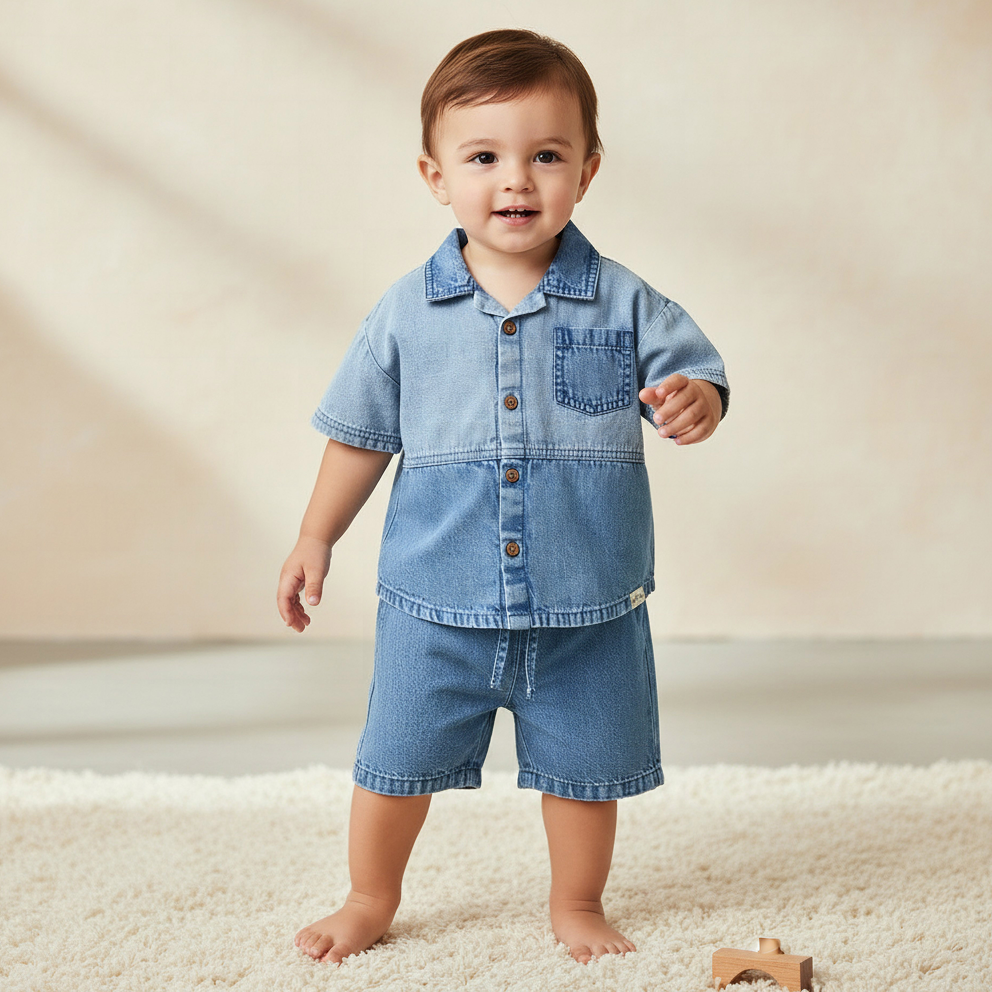 Lee Cooper Collared Short Sleeves Denim Shirt and Shorts Set-baby-boys-clothing-setsandcoords-image-1