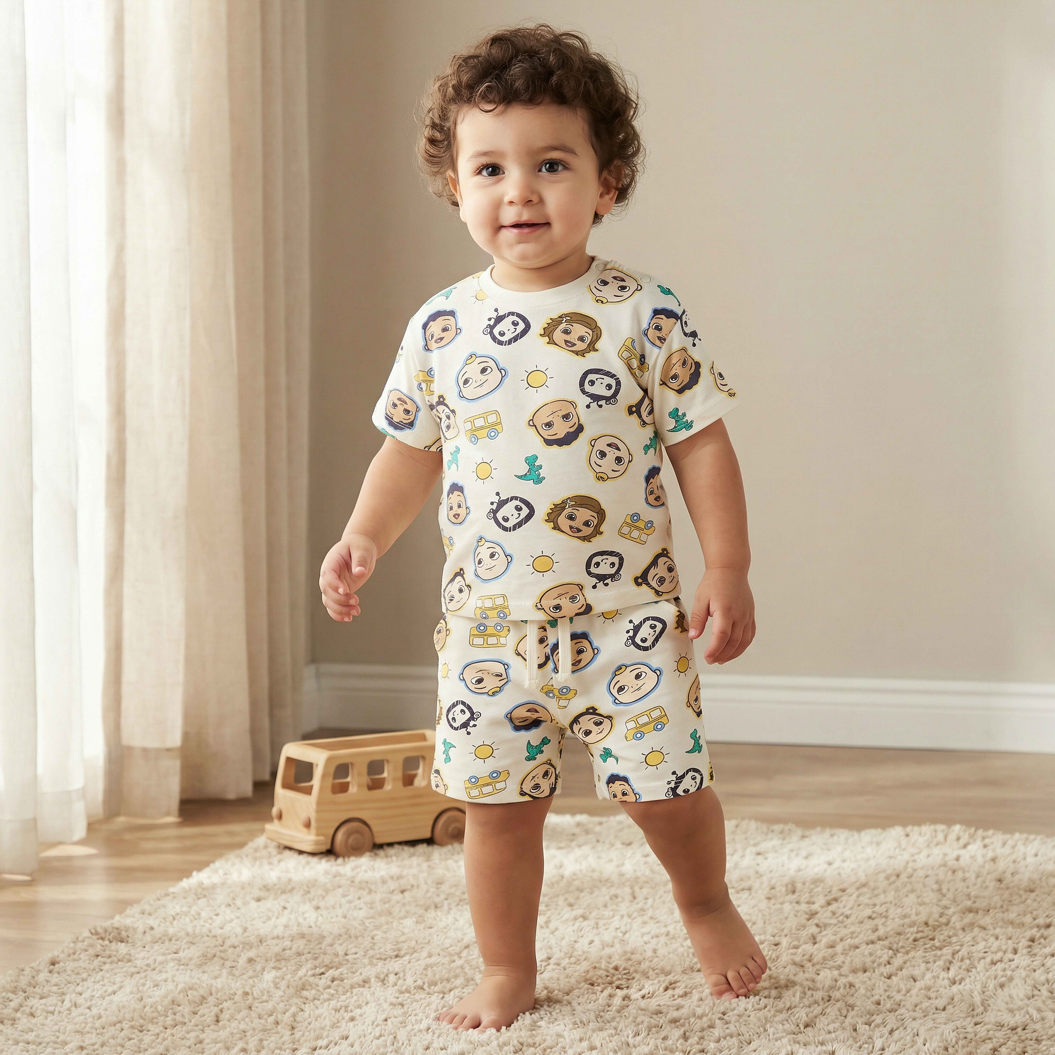 Crew Neck Short Sleeves T-shirt and Shorts Set with Cocomelon Print-baby-boys-clothing-setsandcoords-image-1