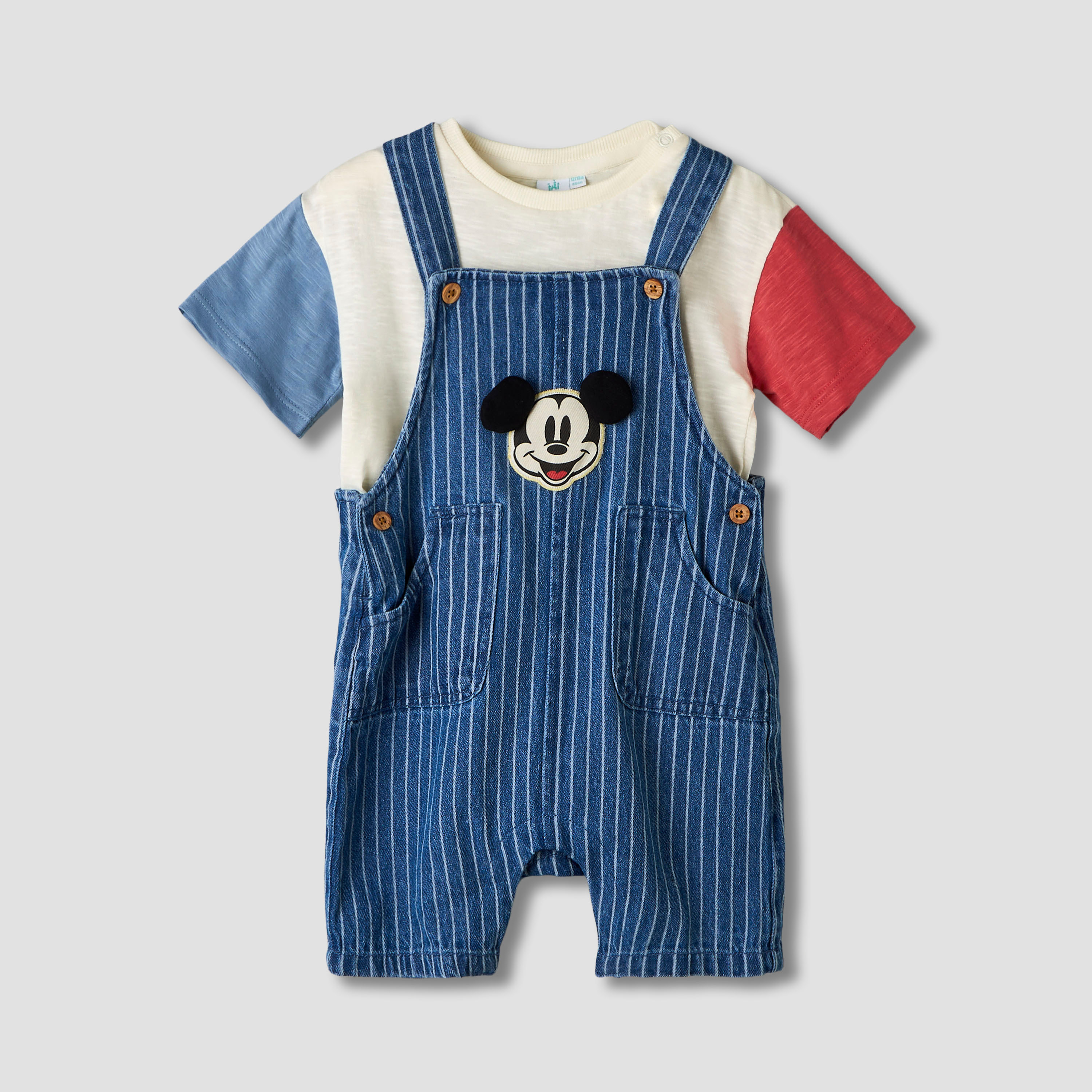Disney Crew Neck Short Sleeves T-shirt and Dungaree Set with Stripes and Mickey Mouse Applique-baby-boys-clothing-setsandcoords-image-2