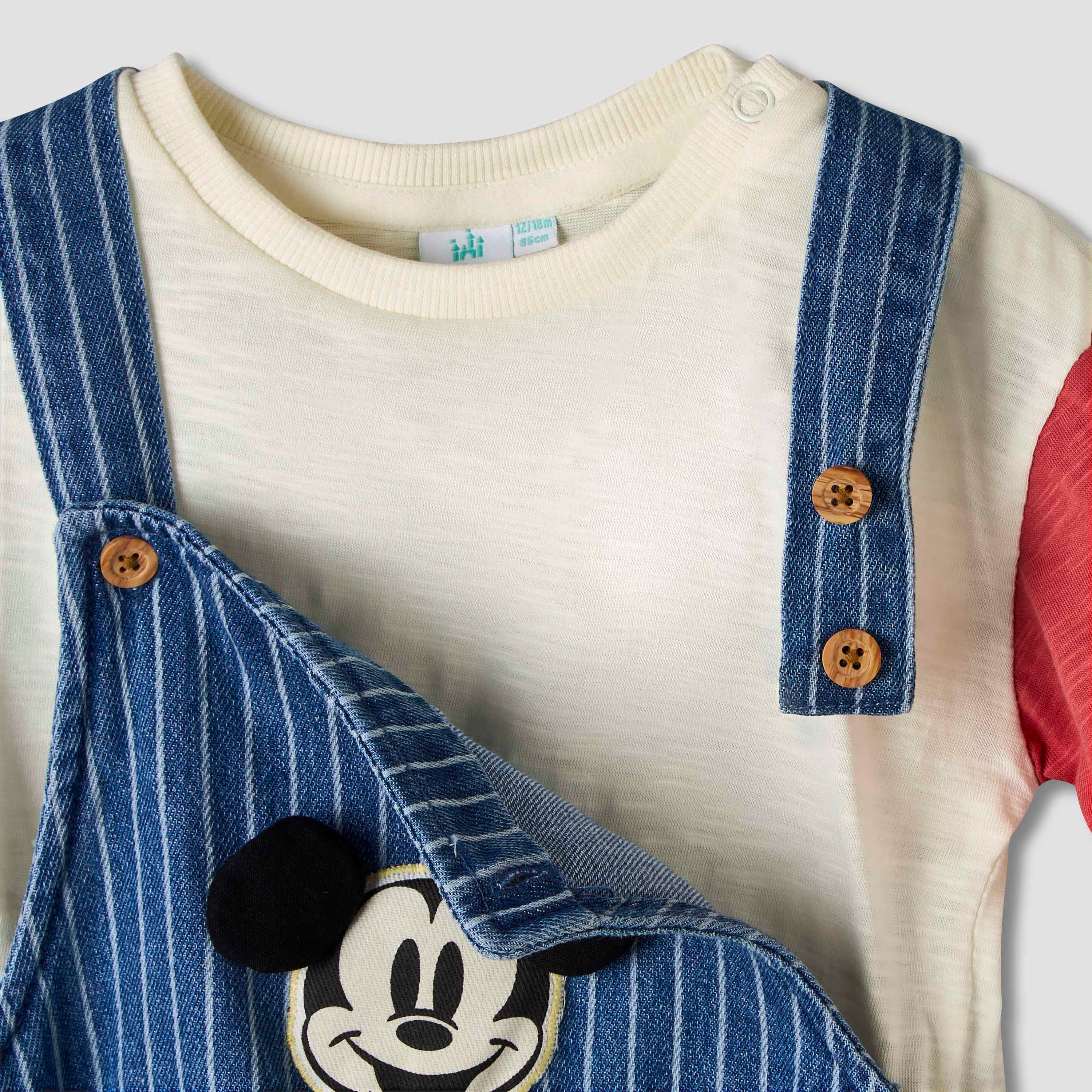 Disney Crew Neck Short Sleeves T-shirt and Dungaree Set with Stripes and Mickey Mouse Applique-baby-boys-clothing-setsandcoords-image-7