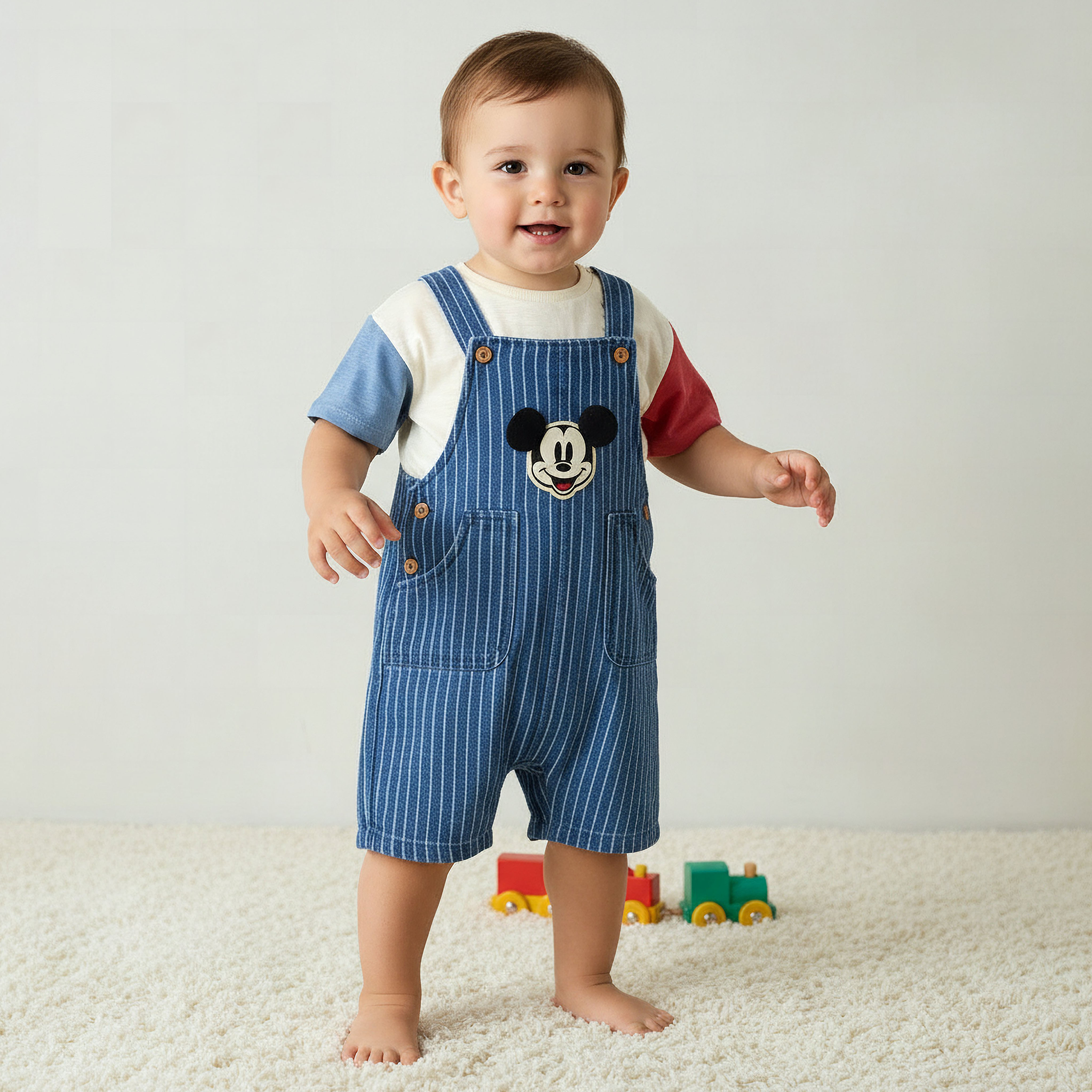 Disney Crew Neck Short Sleeves T-shirt and Dungaree Set with Stripes and Mickey Mouse Applique-baby-boys-clothing-setsandcoords-image-1
