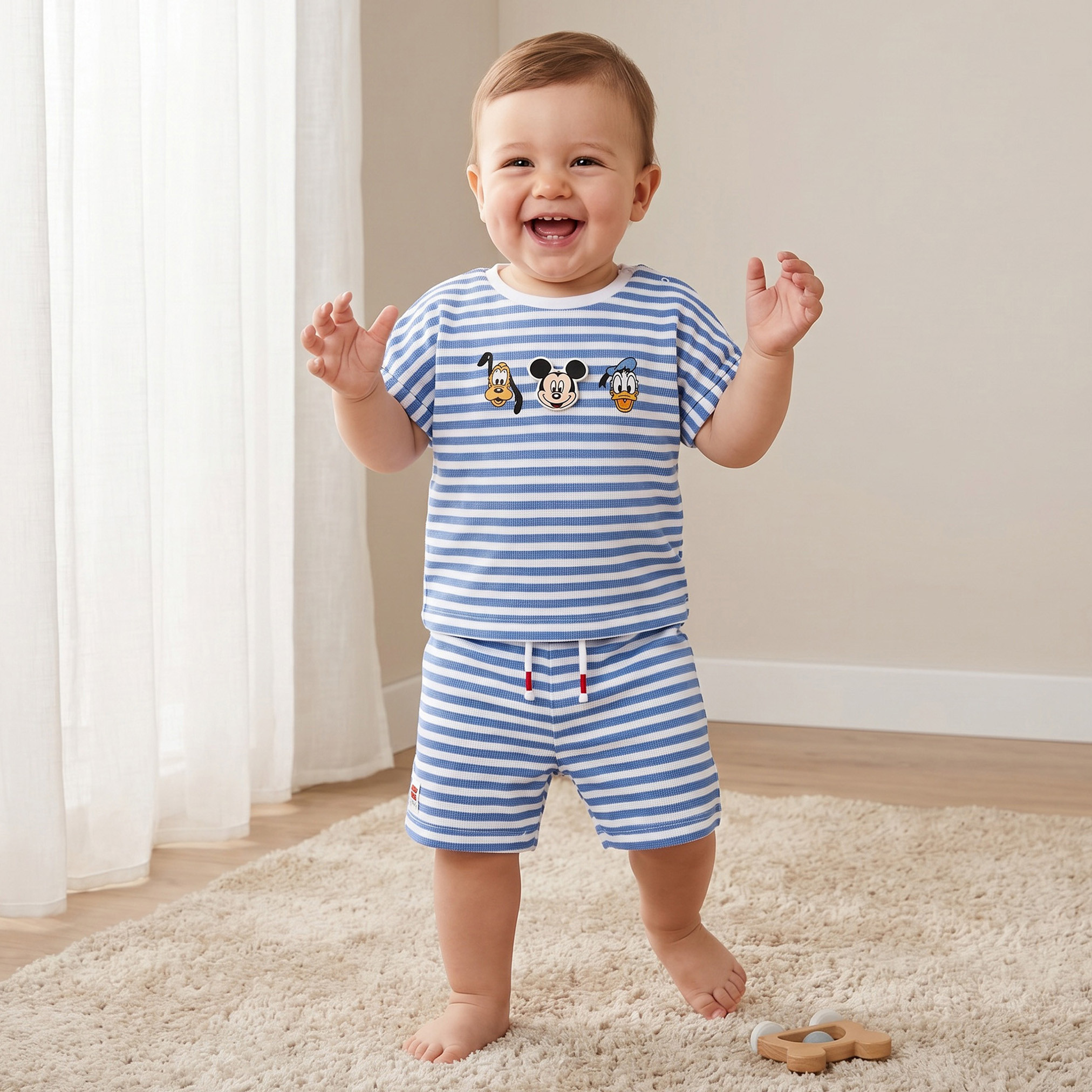 طقم شورت وتيشيرت مخطط برقبة ضيقة وأكمام قصيرة وتطريزات من ديزني-baby-boys-clothing-setsandcoords-image-1