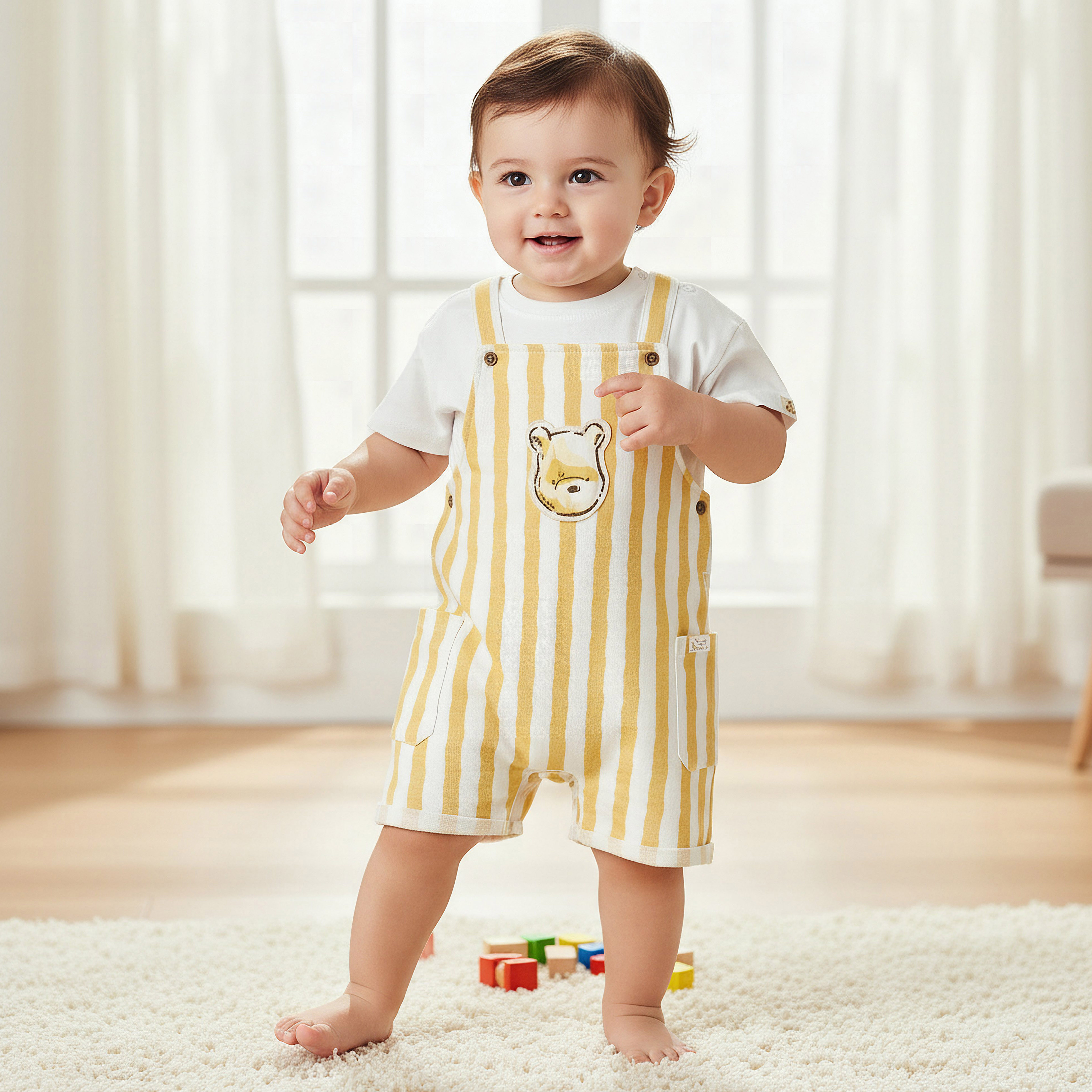 Disney Crew Neck Short Sleeves T-shirt and Dungaree Set with Winnie the Pooh Applique-baby-boys-clothing-setsandcoords-image-1