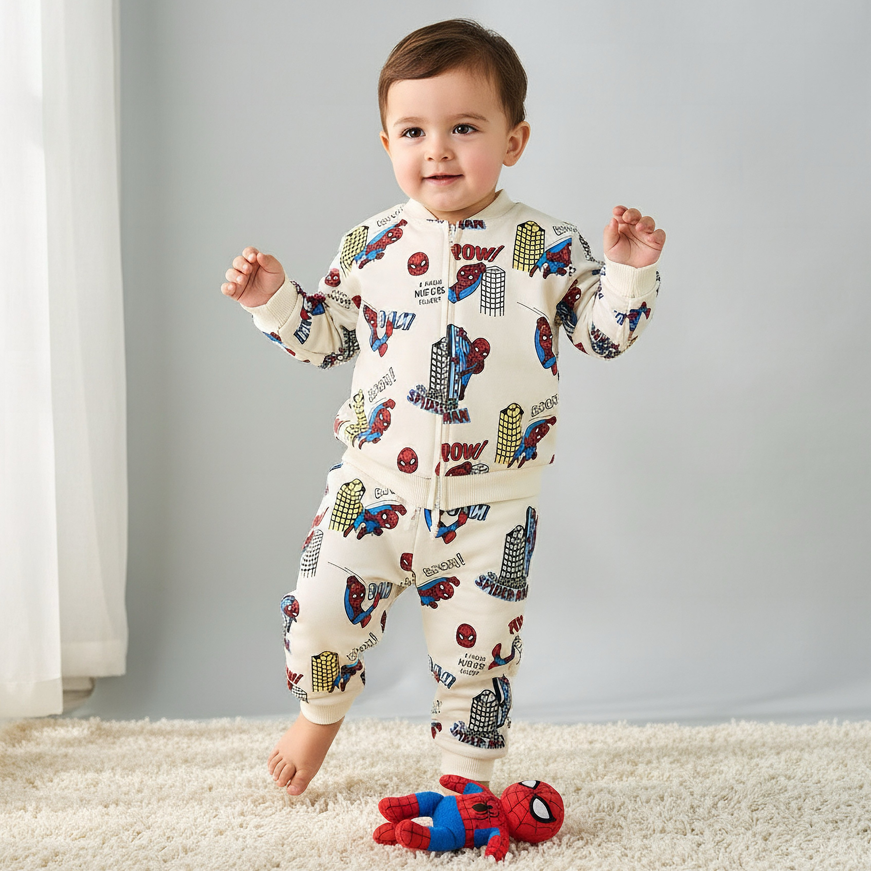 Mandarin Collar Long Sleeves Bomber Jacket and Joggers Set with Spider-Man Print-baby-boys-clothing-winterwear-setsandcoords-image-1