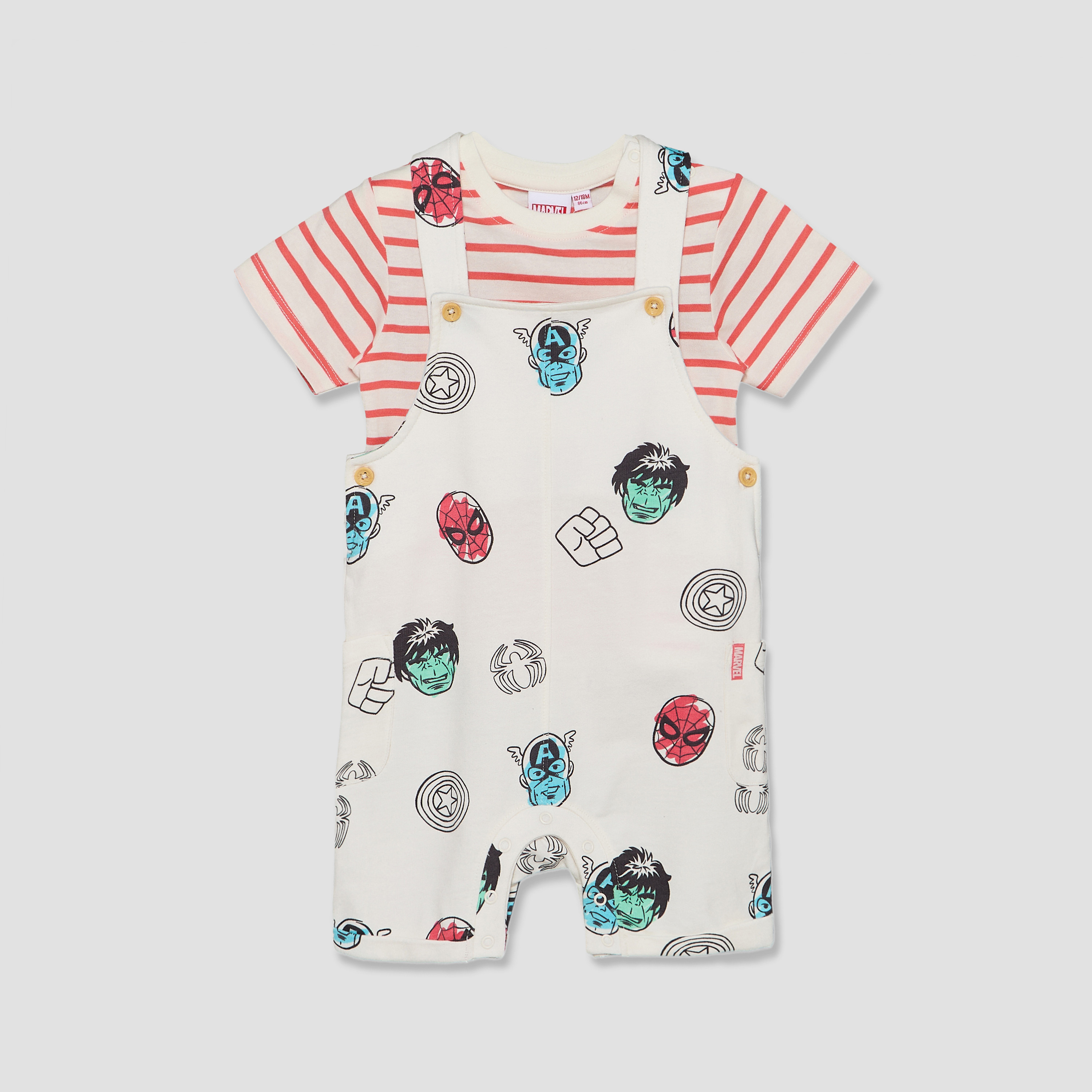 Crew Neck Short Sleeves T-shirt and Dungaree Set with Avengers Print-baby-boys-clothing-setsandcoords-image-1