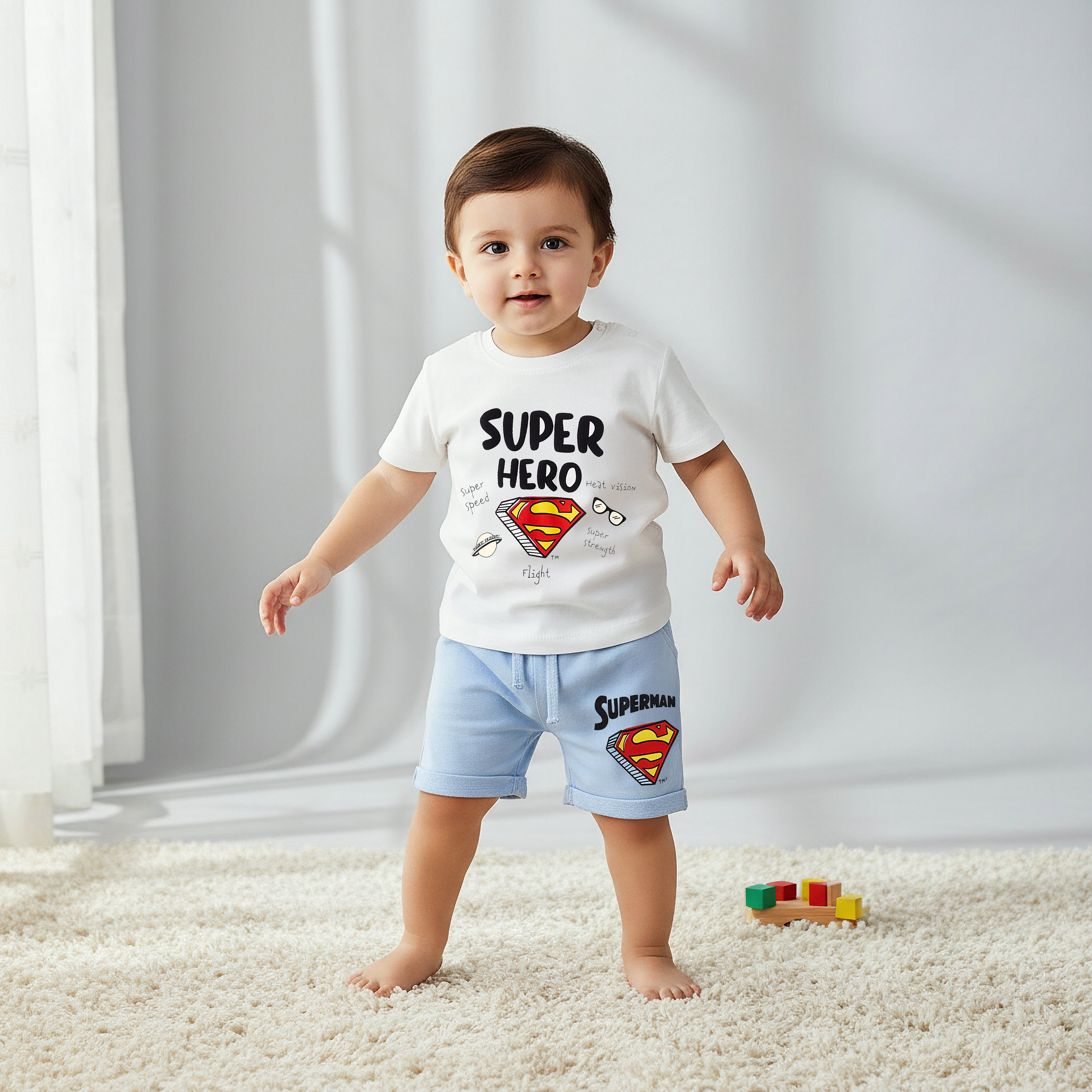 Round Neck Short Sleeves T-shirt and Shorts Set with Superman Print-baby-boys-clothing-setsandcoords-image-1