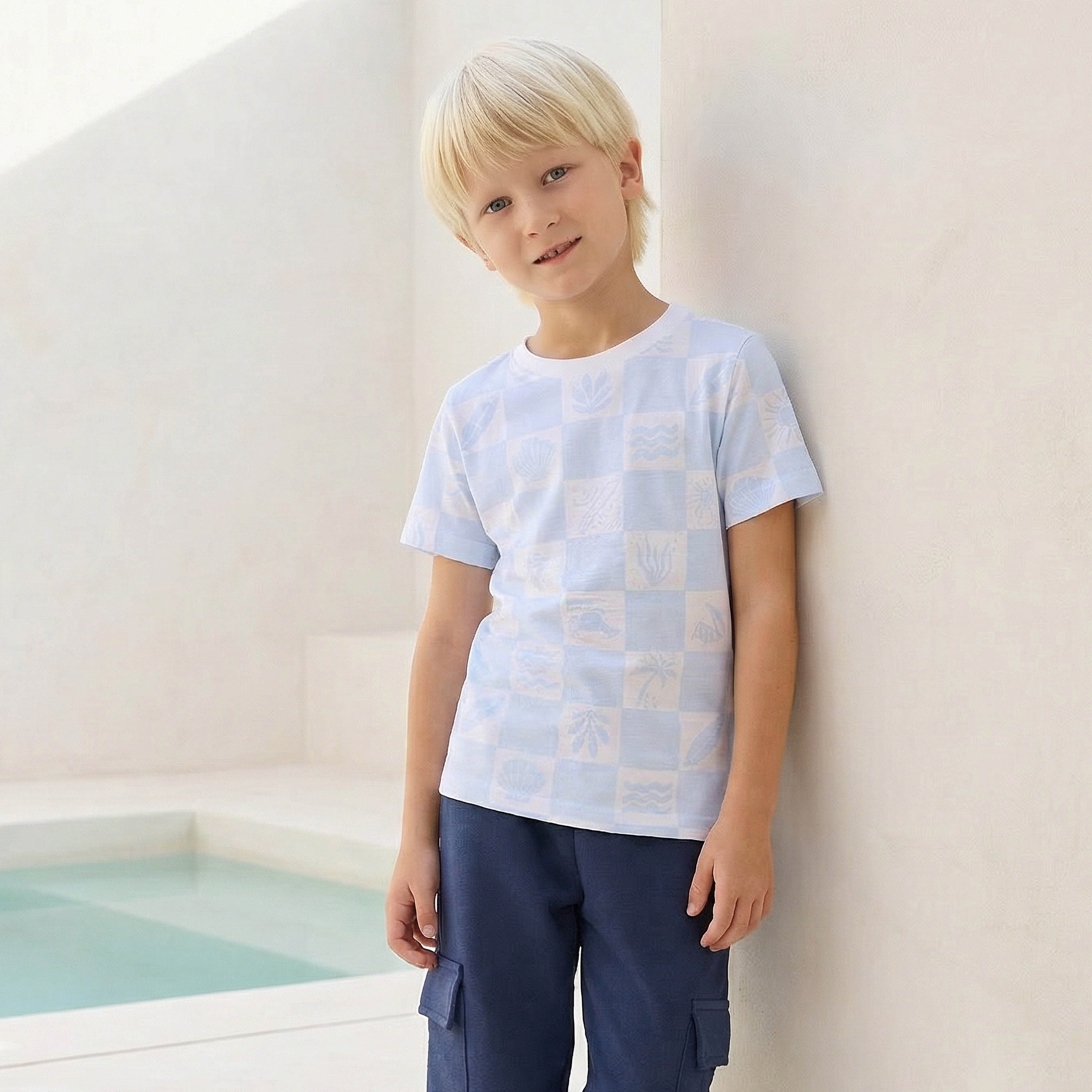 Juniors Crew Neck Short Sleeves T-shirt with Checked Print-boys-clothing-tshirtsandpolos-image-1