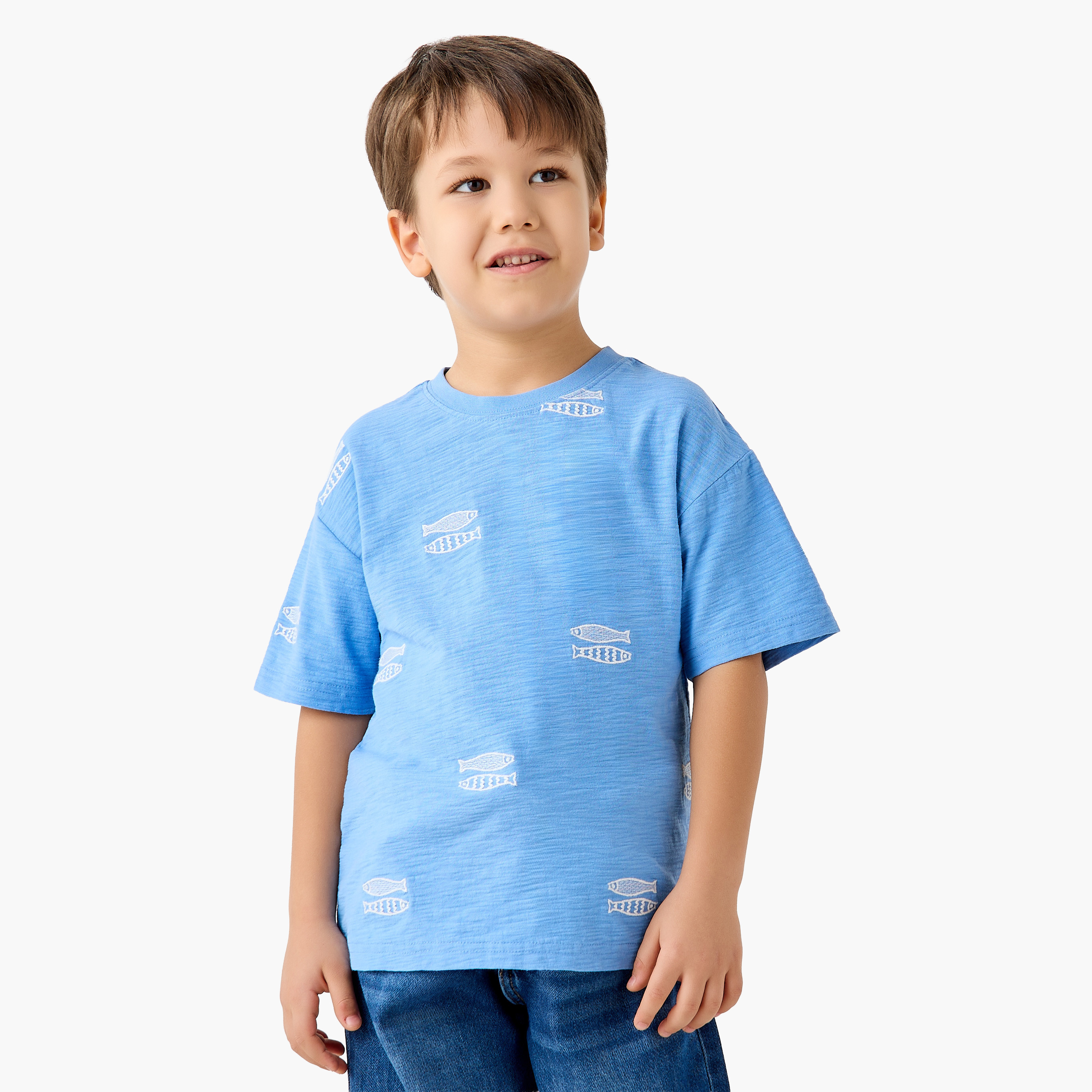 Juniors Crew Neck Short Sleeves T-shirt with Fish Embroidery-boys-clothing-tshirtsandpolos-image-1