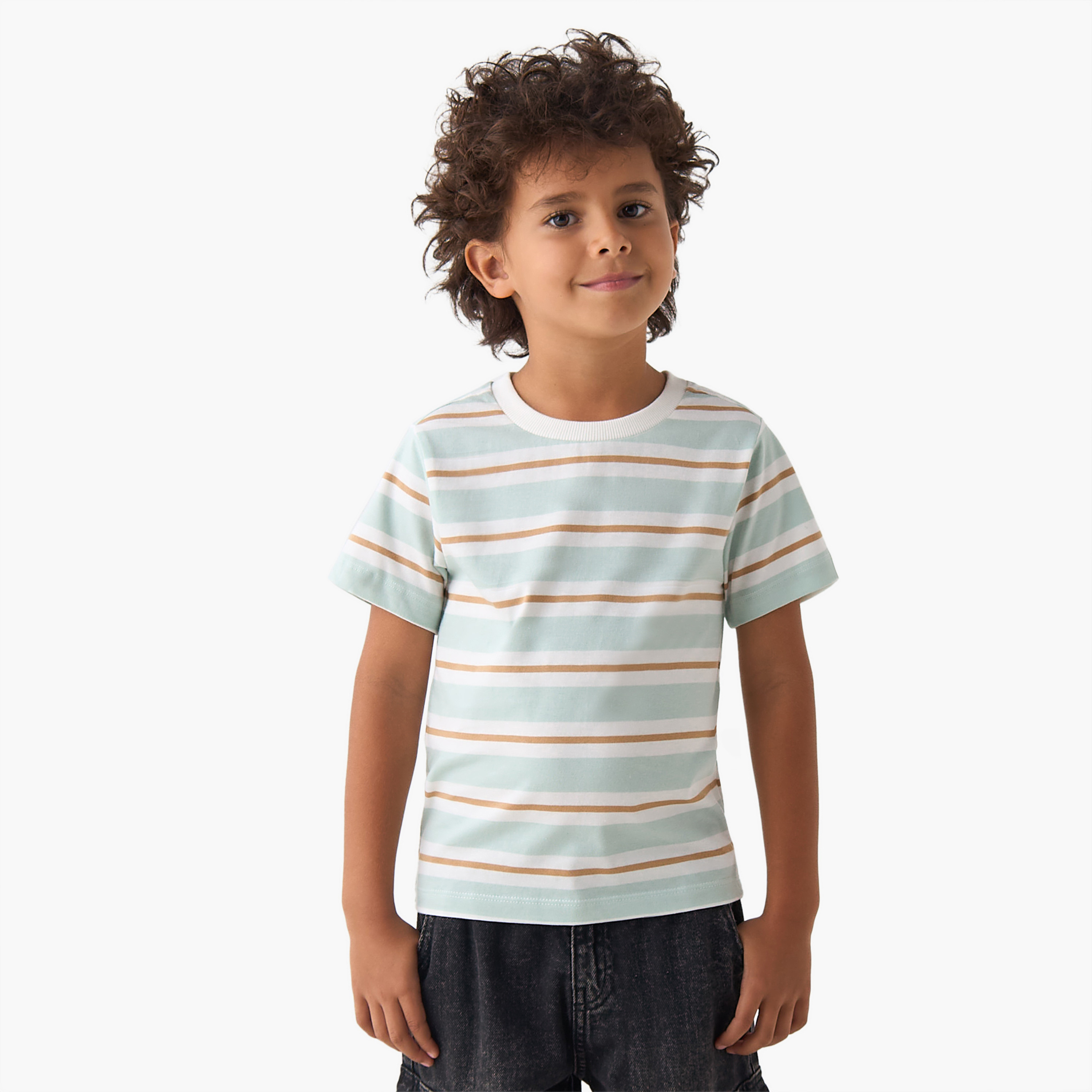 تيشيرت برقبة ضيقة وأكمام قصيرة ونمط مخطط من جونيورز-boys-clothing-tshirtsandpolos-image-1