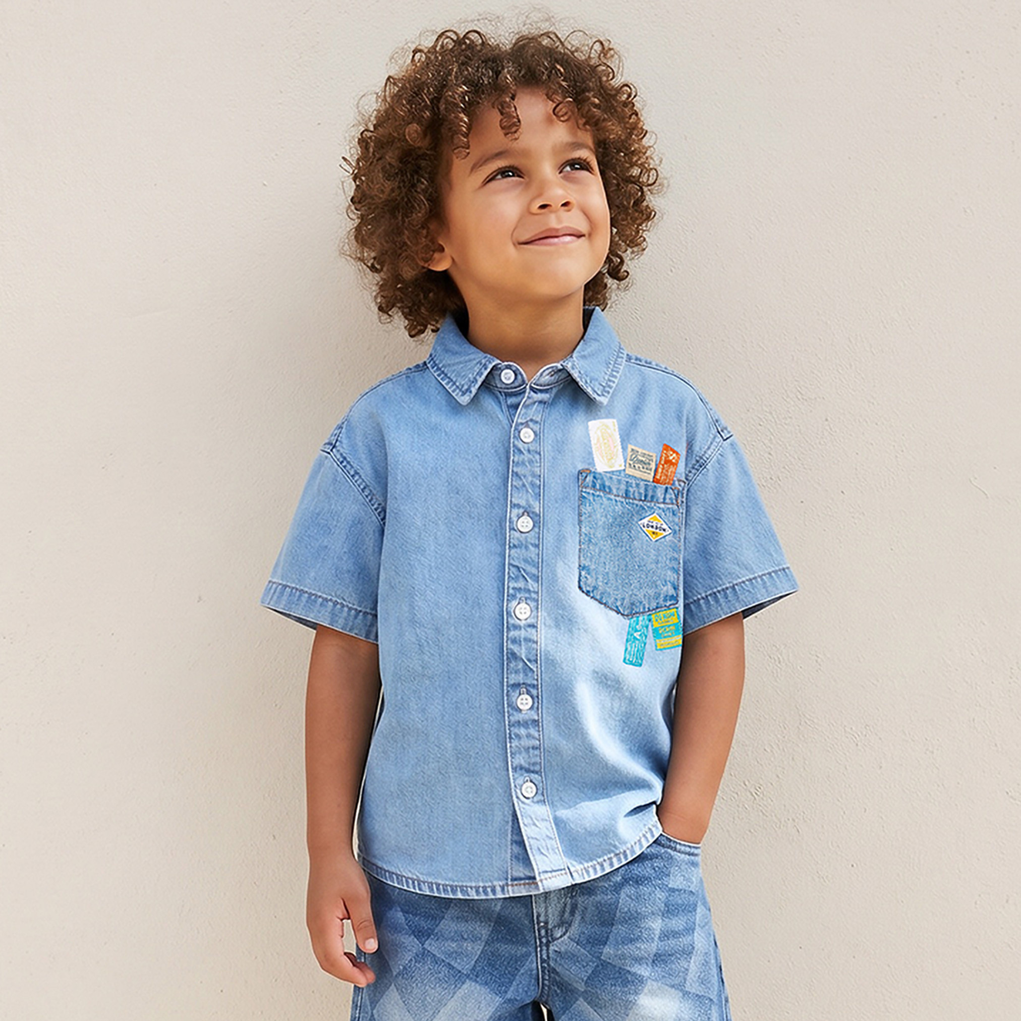 Juniors Short Sleeves Denim Shirt with Applique Detail-boys-clothing-shirts-image-1