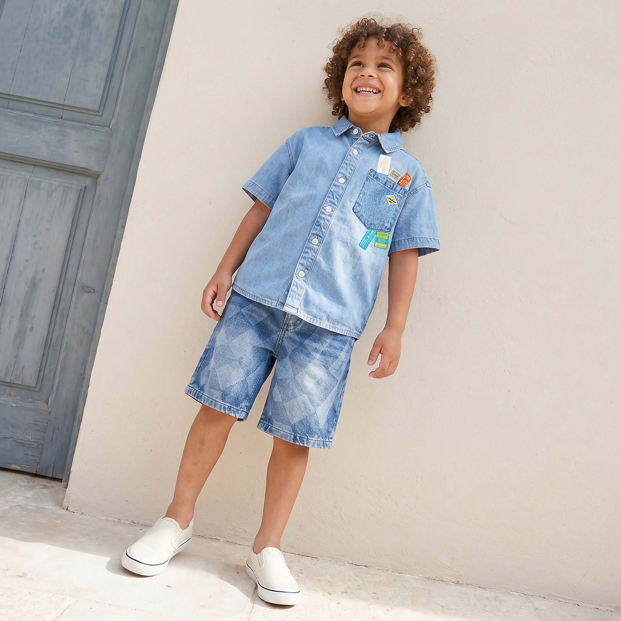 Juniors Short Sleeves Denim Shirt with Applique Detail-boys-clothing-shirts-image-2