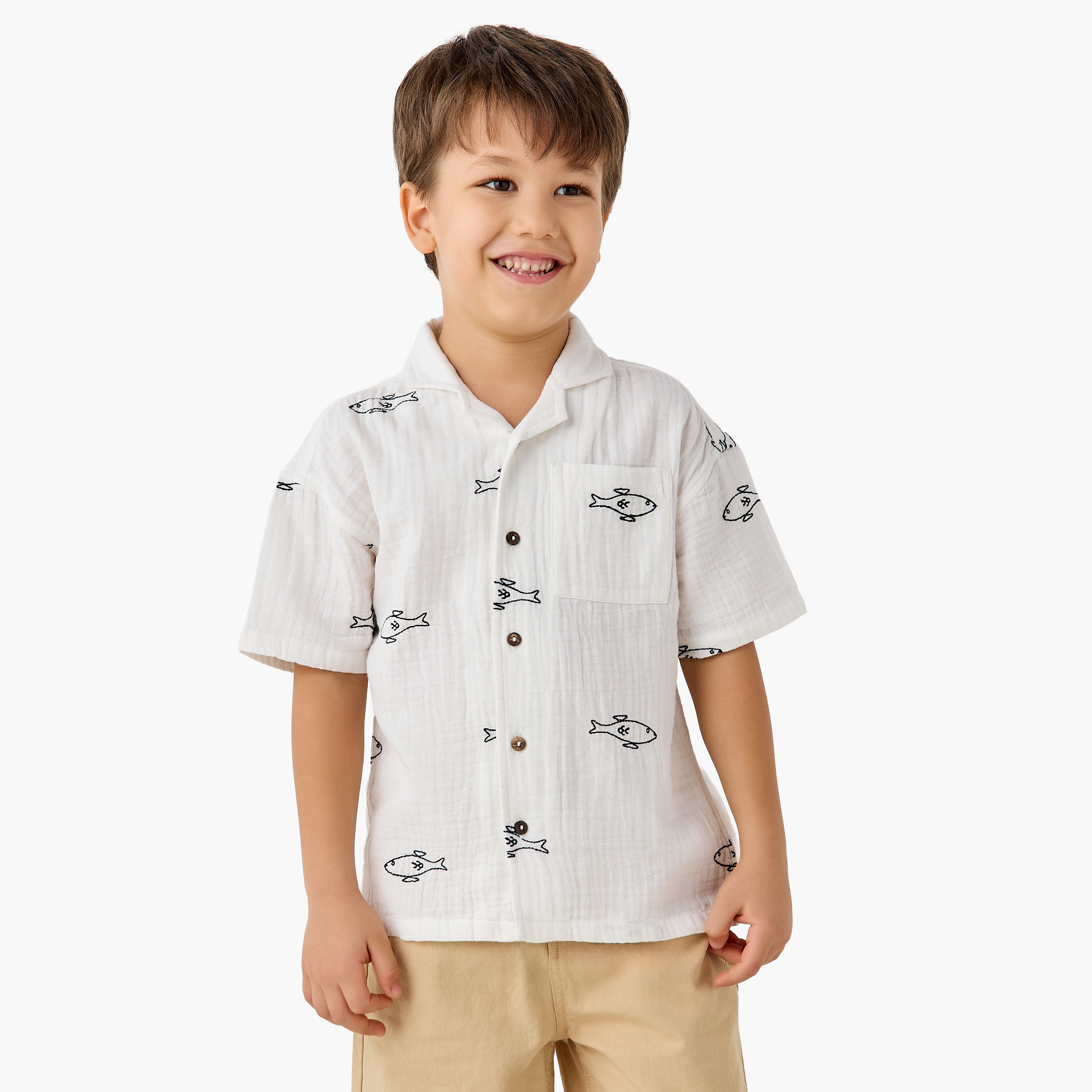 Juniors Short Sleeves Shirt with Fish Embroidery-boys-clothing-shirts-image-1