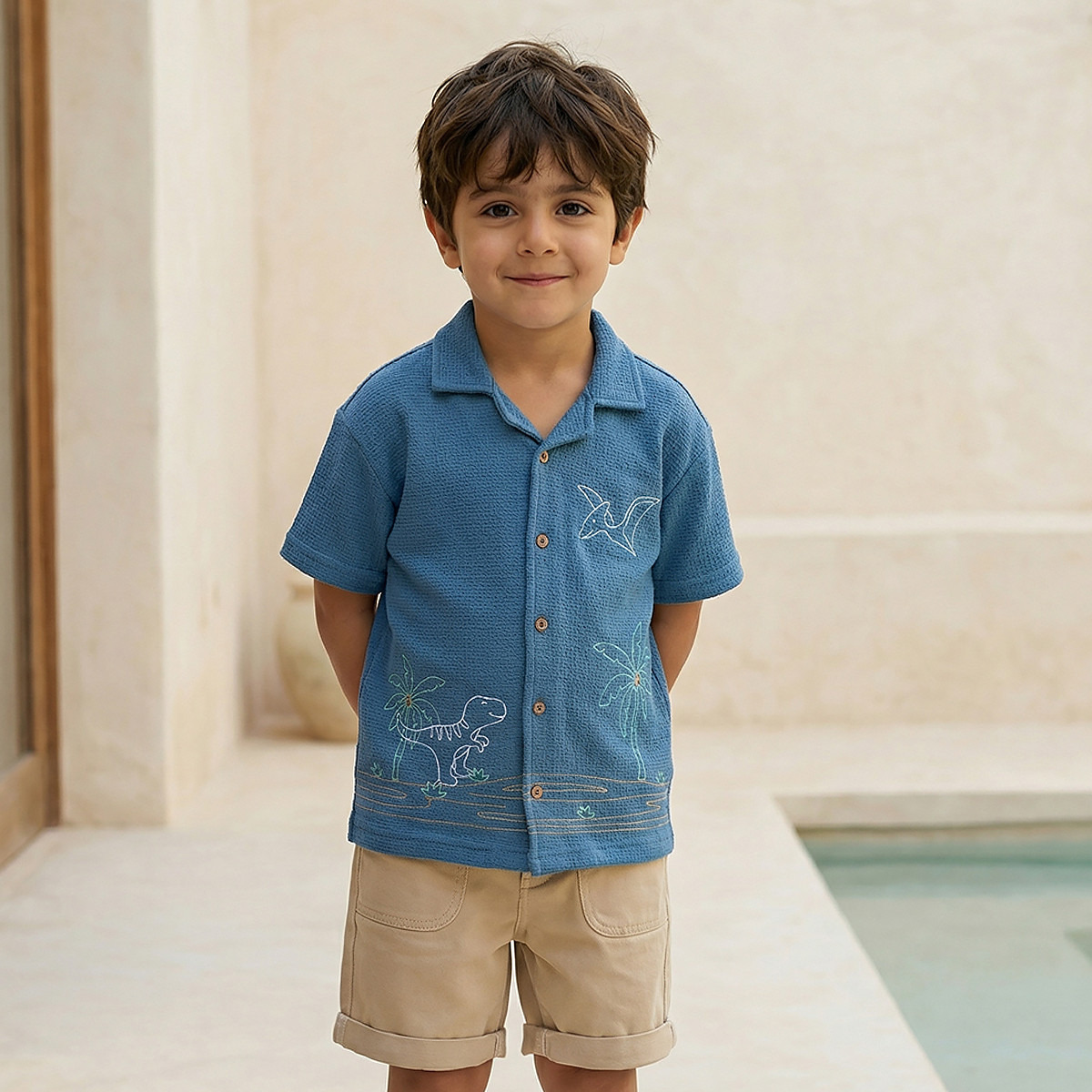 Juniors Short Sleeves Shirt with Dinosaur Embroidery-boys-clothing-shirts-image-3