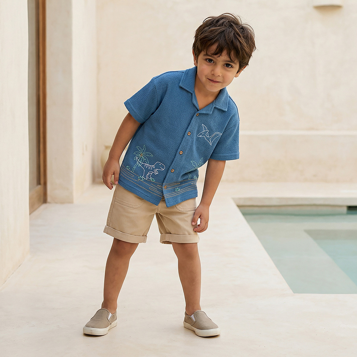Juniors Short Sleeves Shirt with Dinosaur Embroidery-boys-clothing-shirts-image-5