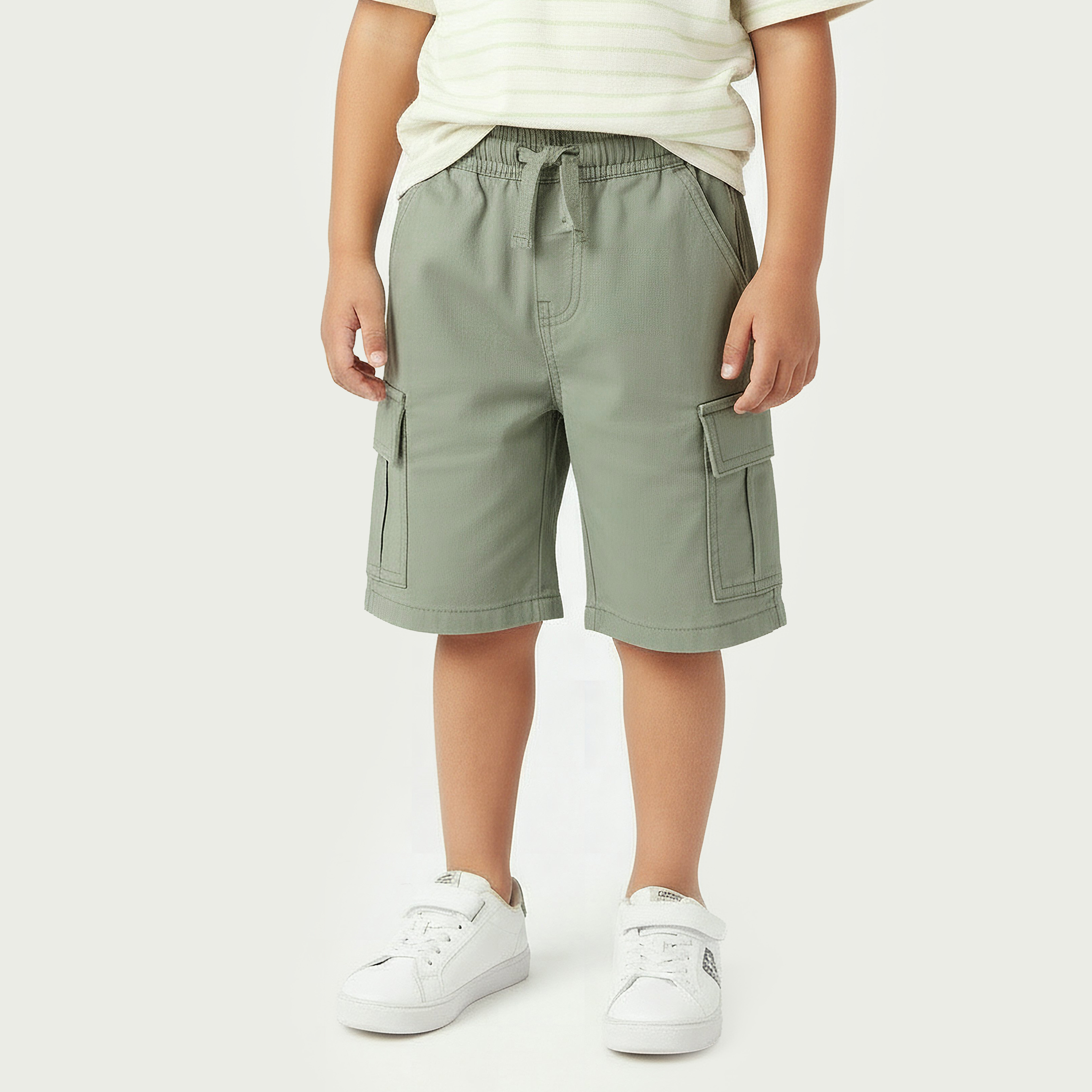 Juniors Knee Length Elasticated Drawstring Waist Cargo Shorts with Pockets-boys-clothing-bottoms-shorts-image-1