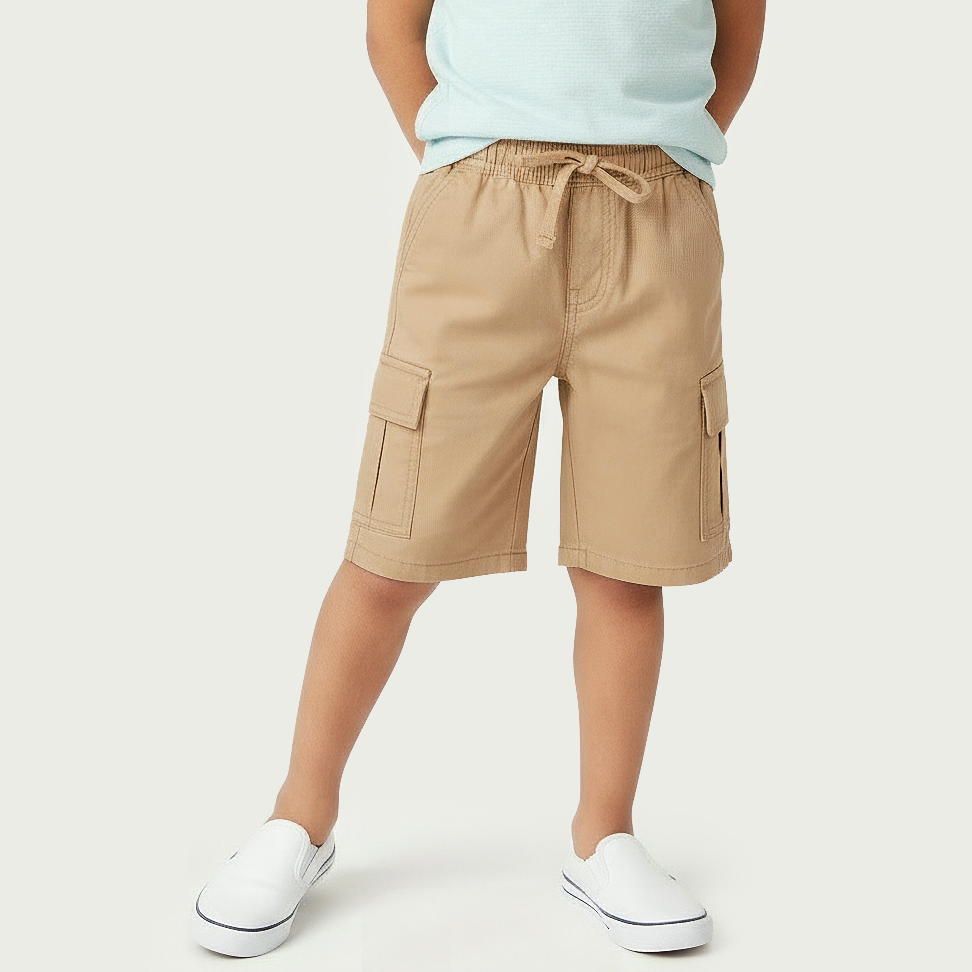 Juniors Knee Length Elasticated Drawstring Waist Cargo Shorts with Pockets-boys-clothing-bottoms-shorts-image-1