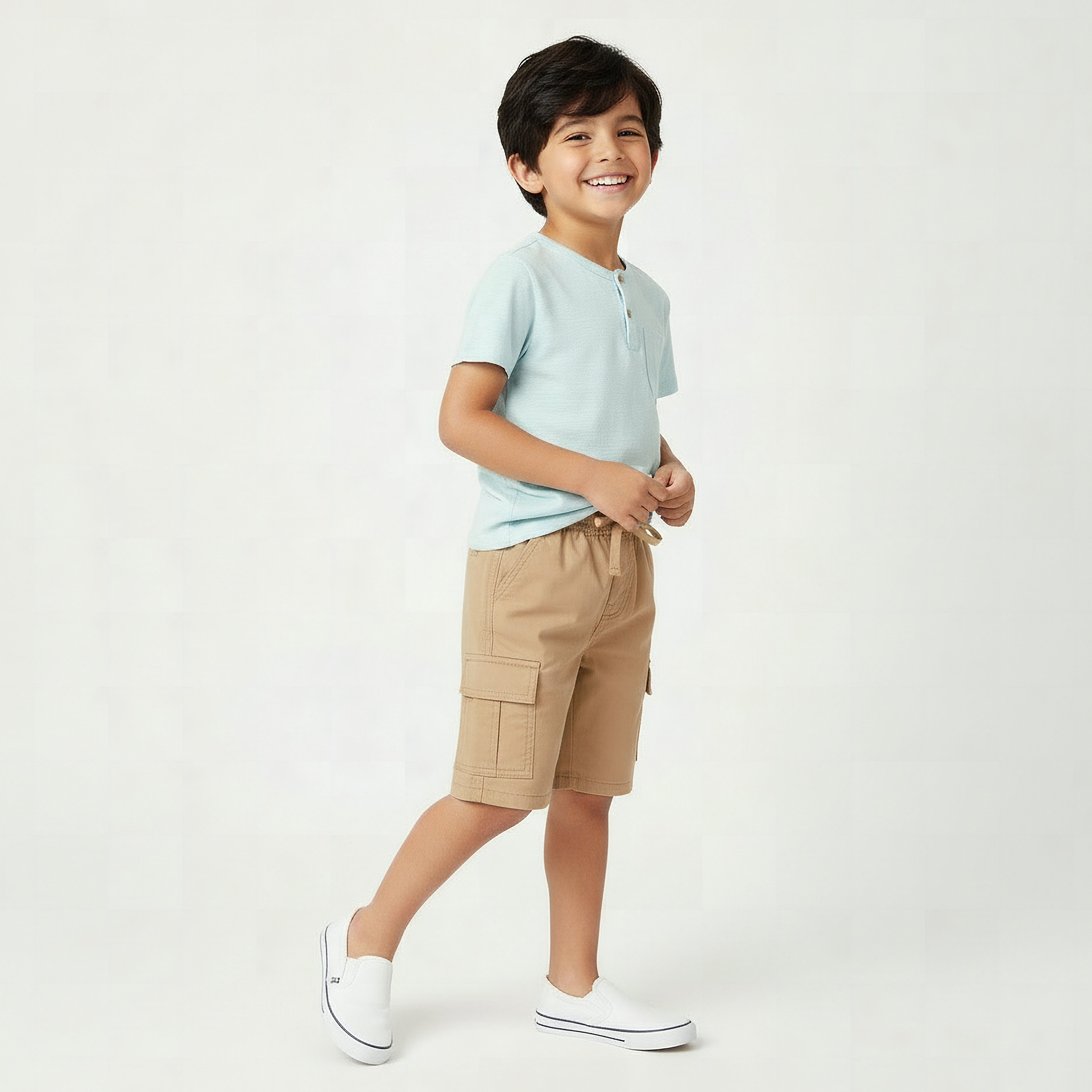 Juniors Knee Length Elasticated Drawstring Waist Cargo Shorts with Pockets-boys-clothing-bottoms-shorts-image-2